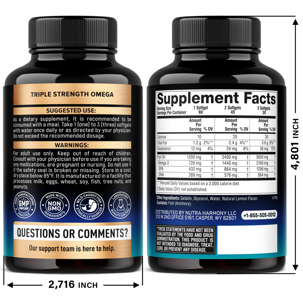 Omega 3 Fish Oil 3600 mg - Omega 3 Supplement for Men & Women - 90 Softgels | Omega 3 EPA & DHA - Heart, Brain & Joint Support - Purified Fish Oil | Heavy Metals Tested - Lemon Flavored