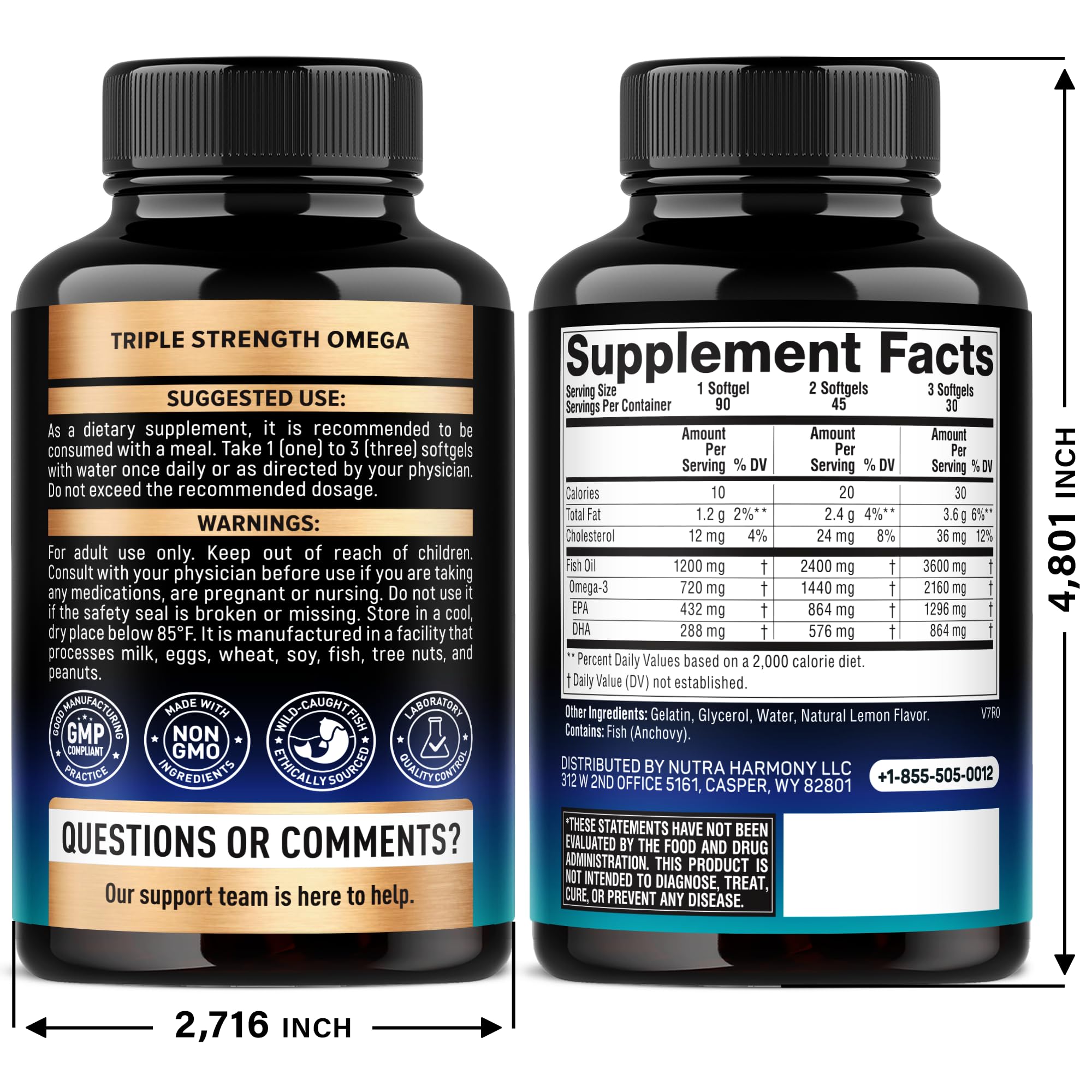 Omega 3 Fish Oil 3600 mg - Omega 3 Supplement for Men & Women - 90 Softgels | Omega 3 EPA & DHA - Heart, Brain & Joint Support - Purified Fish Oil | Heavy Metals Tested - Lemon Flavored