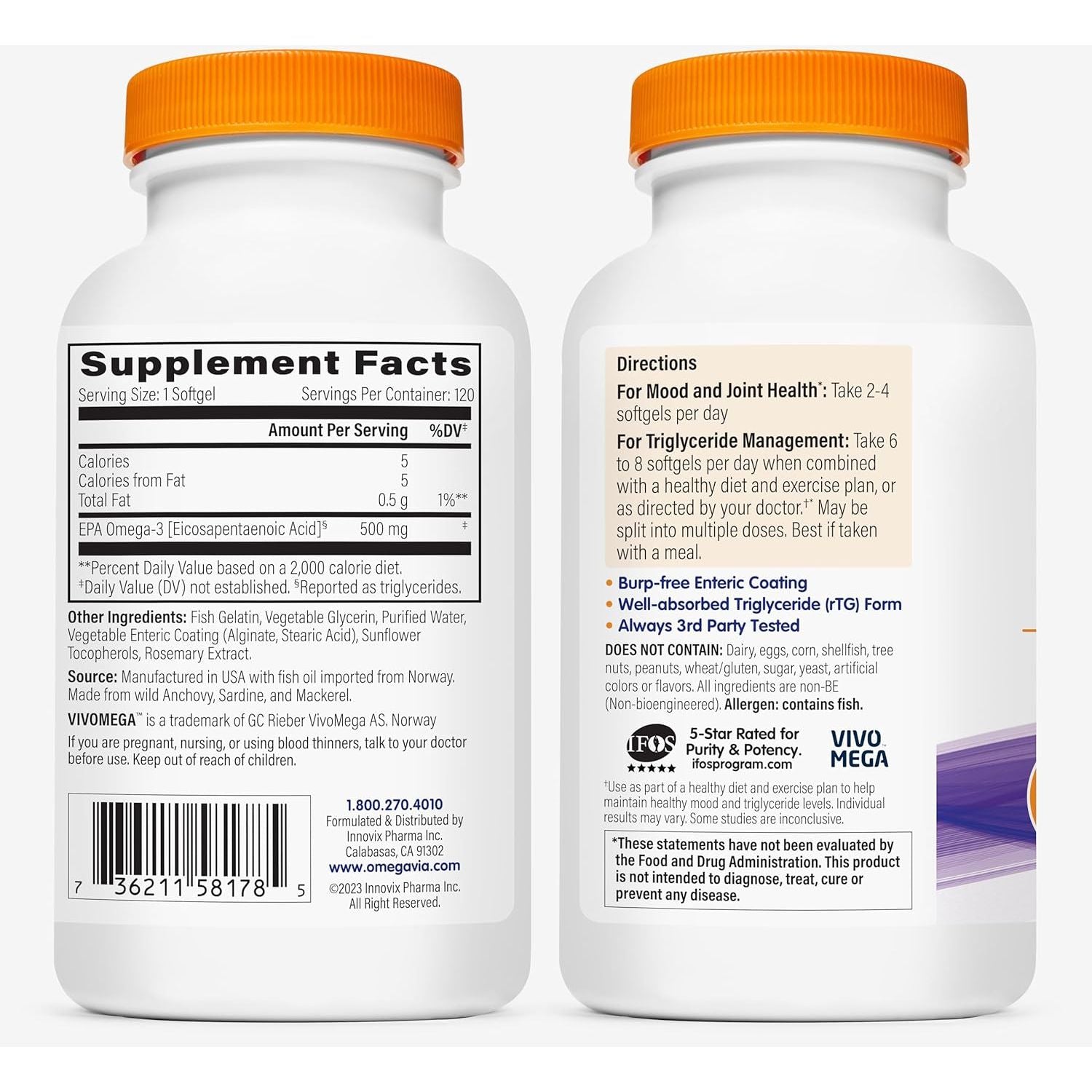 Buy now OmegaVia EPA 500, Purified Omega-3 Fish Oil Supplement, 500 mg EPA in Triglyceride Form, Burpless Fish Oil, Non-GMO, Gluten-Free, IFOS 5-Star, 120 Softgels at indiglob india