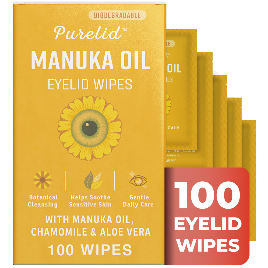 100 Pcs Manuka Oil Eyelid Wipes for Sensitive Lid Care & Eye Hygiene, Gentle Daily Eyelid Cleansing Wipes with Chamomile & Aloe Vera, Biodegradable, Free From Parabens & Sulfates