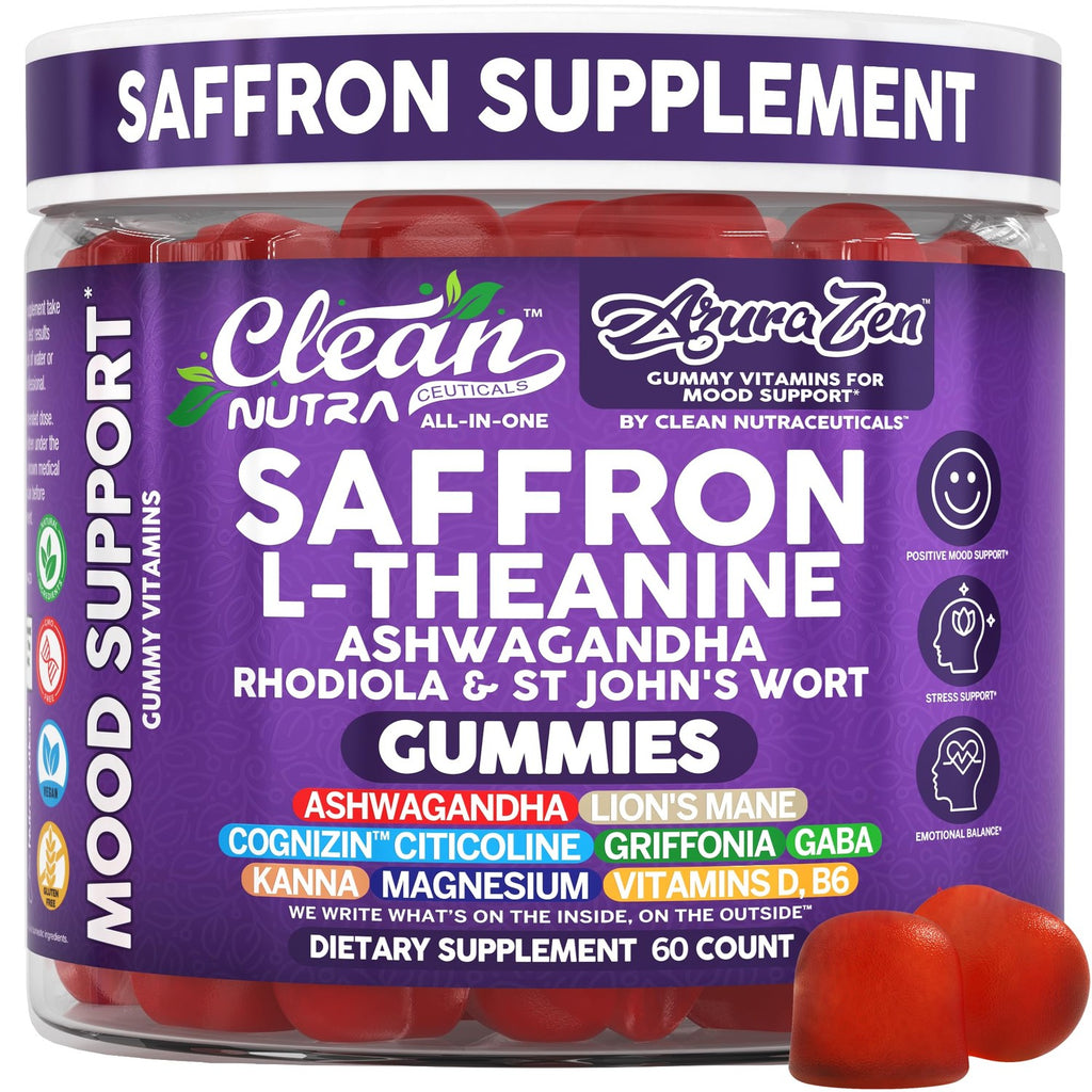 AuraZen Mood Support Saffron Gummies L-Theanine Ashwagandha Rhodiola St John's Wort Lions Mane GABA Vitamin D Magnesium Supplement | Calm Vegan Plant-Based Herbal Gummy By Clean Nutra