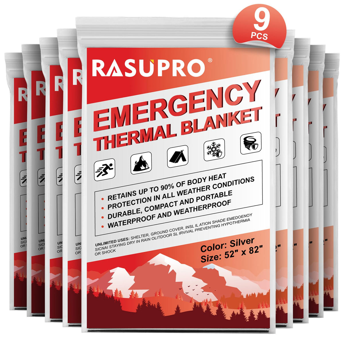 9 Pack Emergency Blankets, Outdoor Survival Emergency Insulated Gear, Mylar Thermal Space Insulated Blanket, Perfect for Camping, Hiking, Running, Marathon, Wilderness Rescue or First Aid