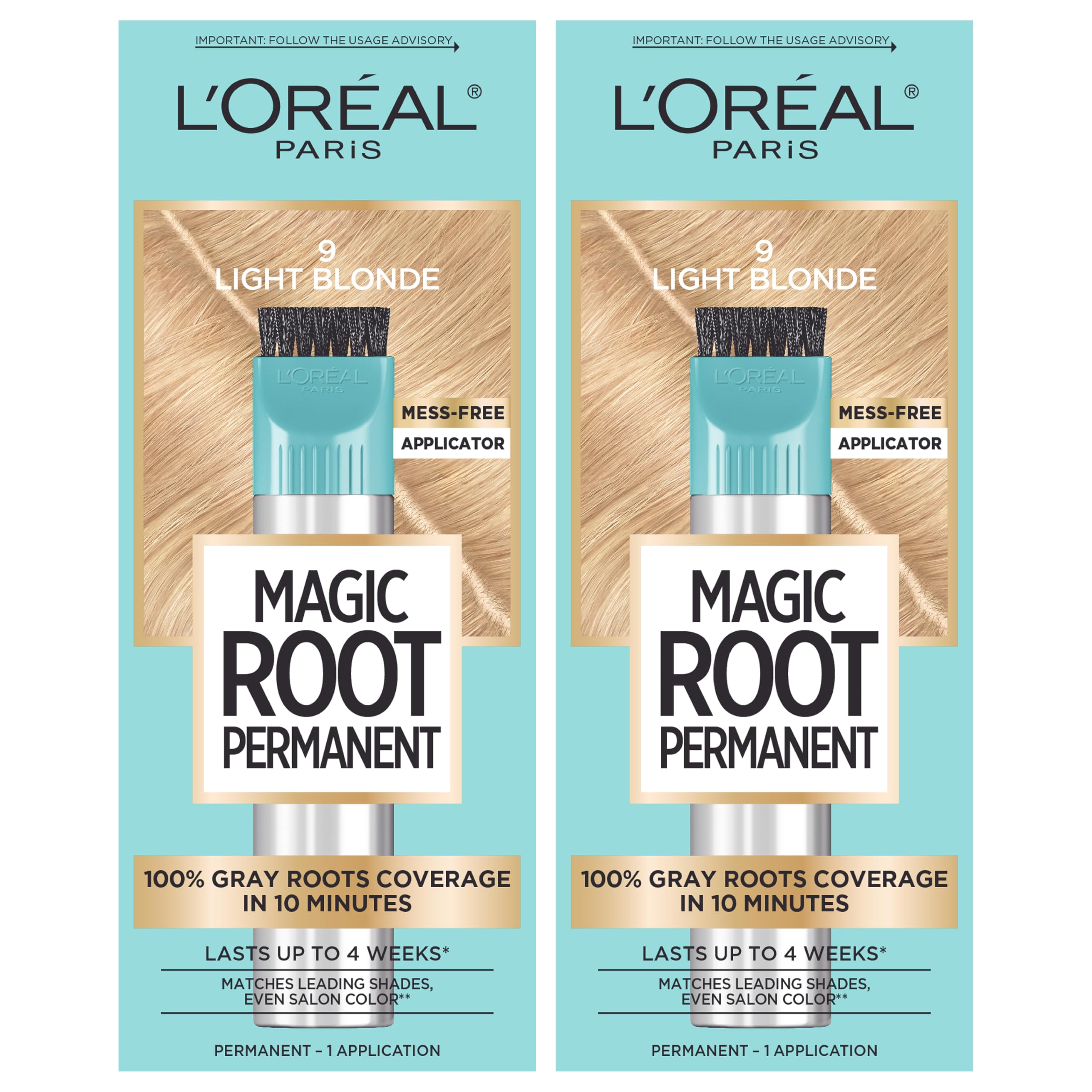 Buy now L'Oreal Paris Magic Root Rescue 10 Minute Root Hair Coloring Kit, Permanent Hair Color with Quick Precision Applicator, 100 percent Gray Coverage, 4 Dark Brown, 2 count 9 Light Blonde 1 Count (Pack of 2) at indiglob india