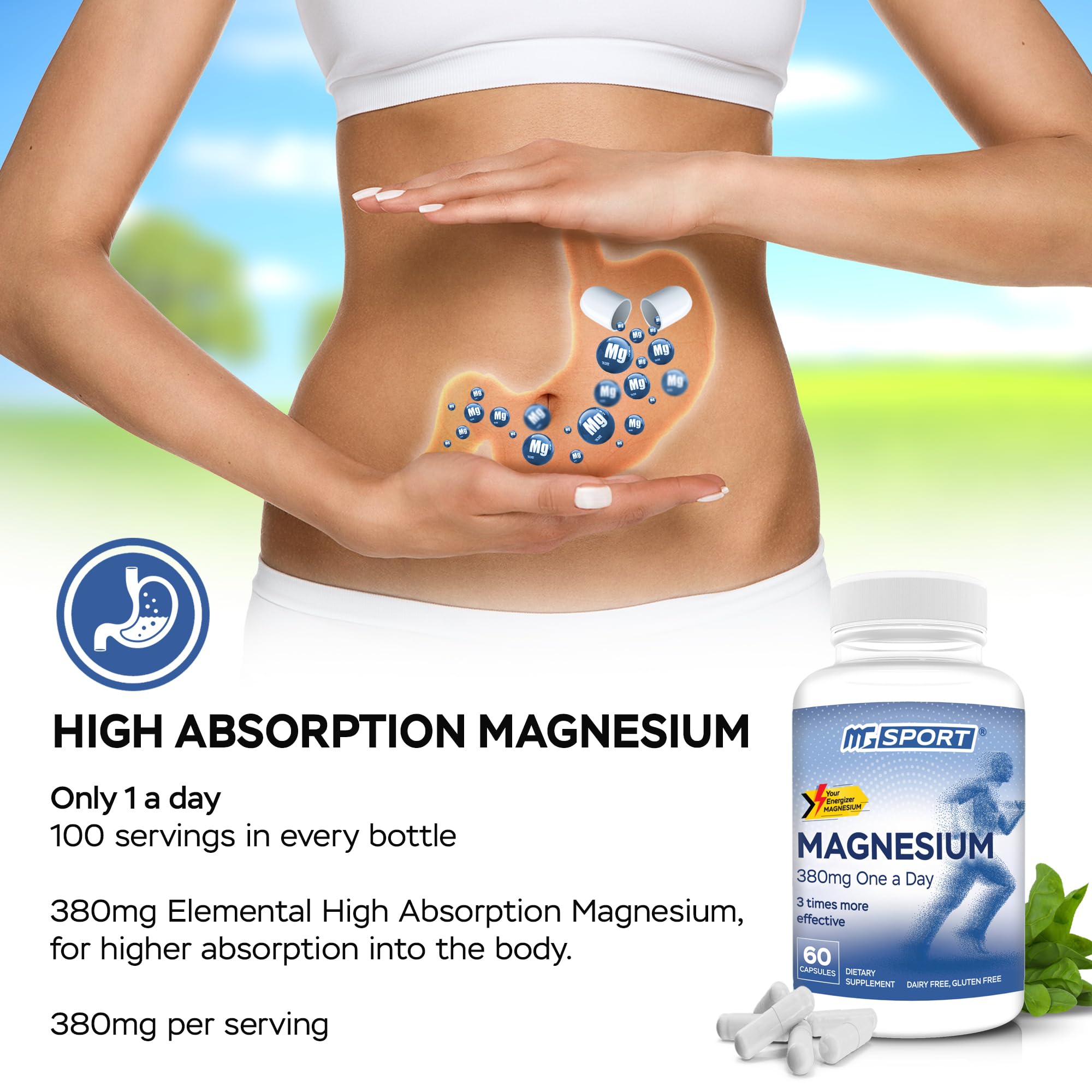 MGSPORT Magnesium Supplement 380mg, 60 Servings | High Intracellular Absorption Complex Formula, With Vitamins B6, D, E, Supports Muscle Function, Supports Sleep Quality