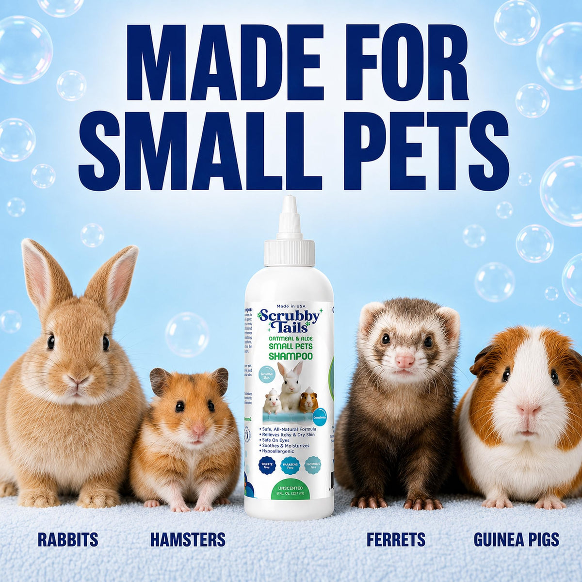 Natural Oatmeal & Aloe Vera Small Pets Shampoo for Guinea Pig, Bunny, Ferret & Rabbit Shampoo - Hypoallergenic for Sensitive Skin. 8 fl. oz. (Unscented)