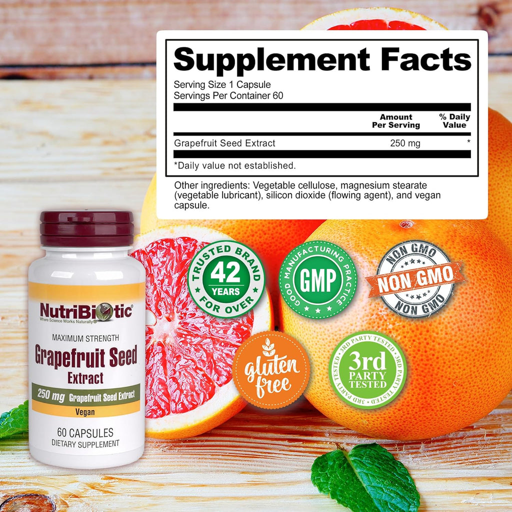Buy now NutriBiotic â€“ Grapefruit Seed Extract Capsules 250 mg, 60 Count - Maximum Strength with Bioflavonoids at indiglob india