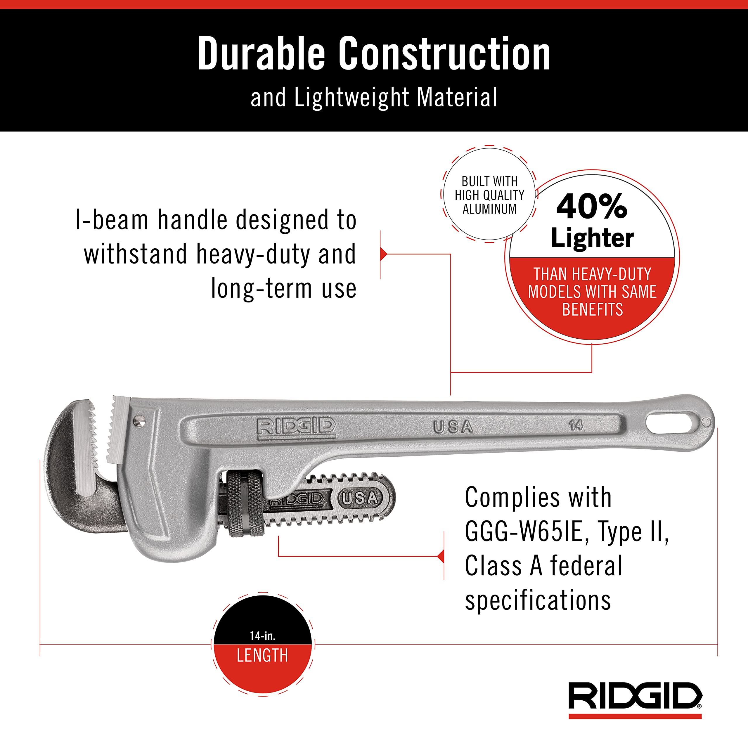 Buy now RIDGID 31095 Model 814 Aluminum Straight 14" Plumbing Pipe Wrench, Silver, Made in the USA at indiglob india