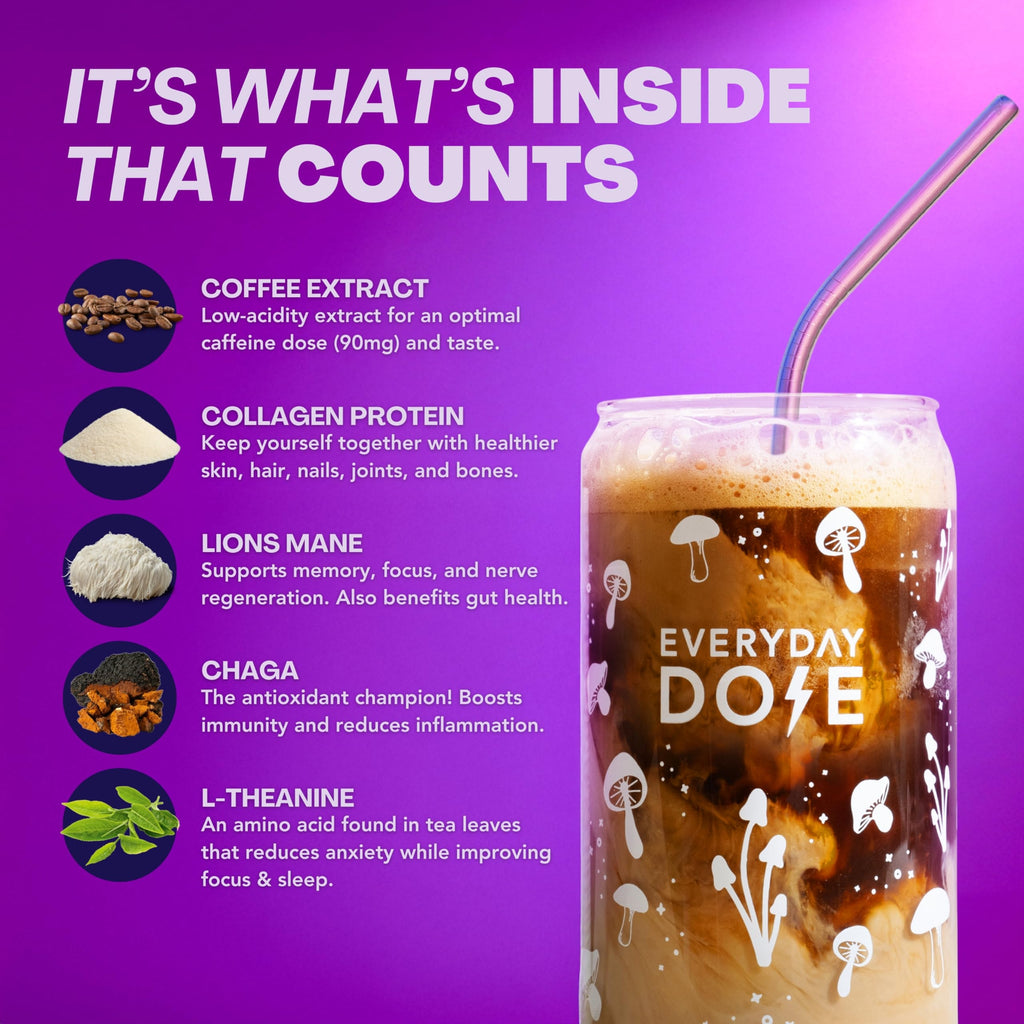 Everyday Dose Bold Medium Roast Mushroom Coffee 90mg Caffeine per serving with Grass-Fed Collagen, Chaga, Lions Mane & L-Theanine for Better Focus, Energy, Digestion, Skin, and Immunity 30 Servings