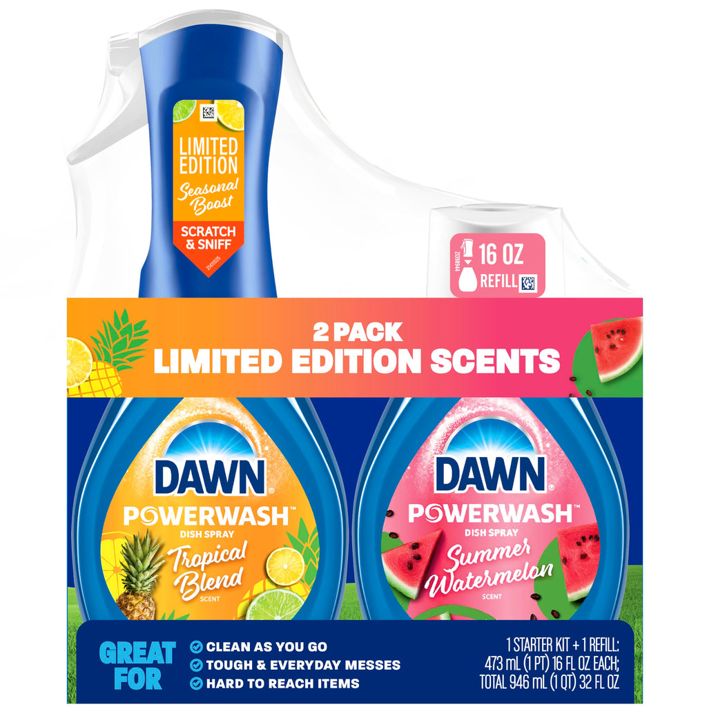 Dawn Dish Soap Spray Kitchen Household Essentials 1 Tropical Blend Starter Kit and Watermelon Refill Combo Pack, 16 oz (each)