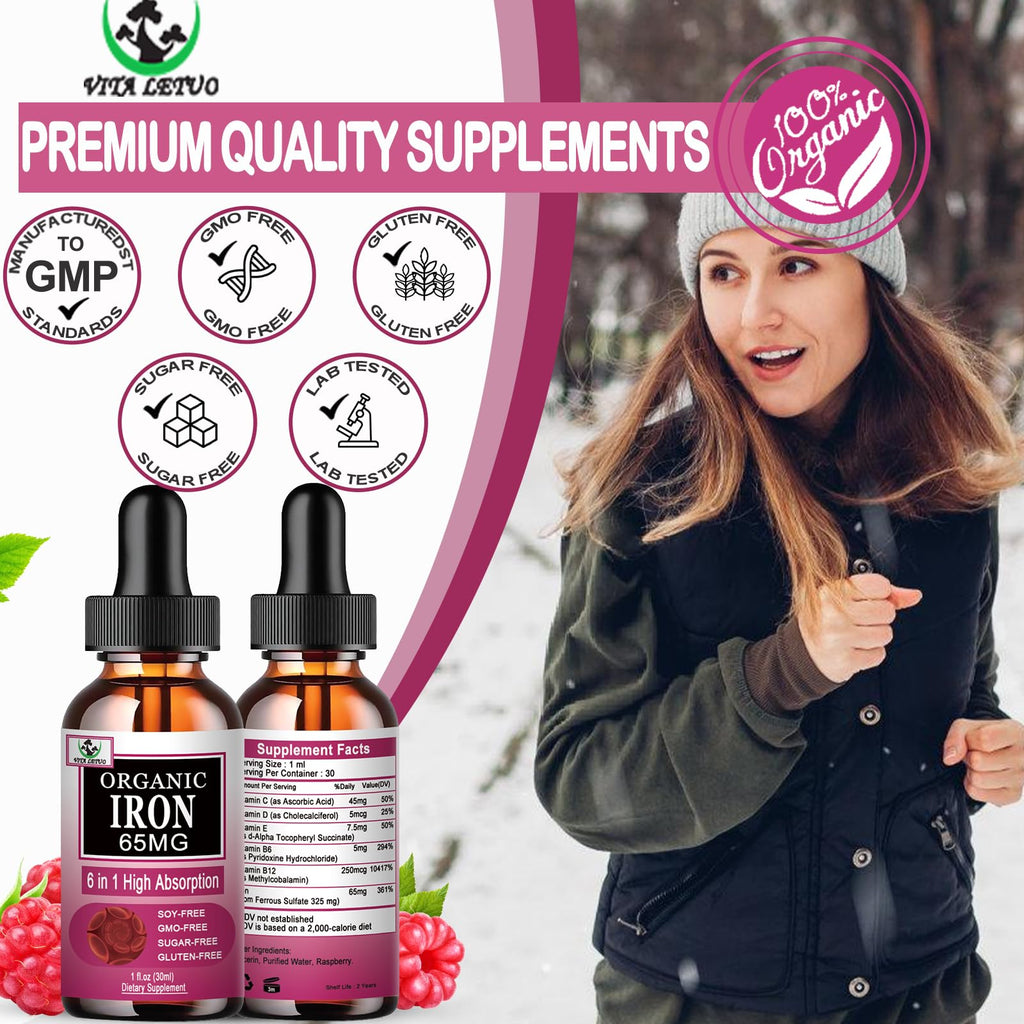 Vita letuo Iron Supplement for Women with Vitamin C,6-in-1 Liquid Supplement w/Vitamin B12,Vitamin B6,High Absorption Liquid Iron Drops for Red Blood Cells & Immune Support,Non-GMO, Gluten Free