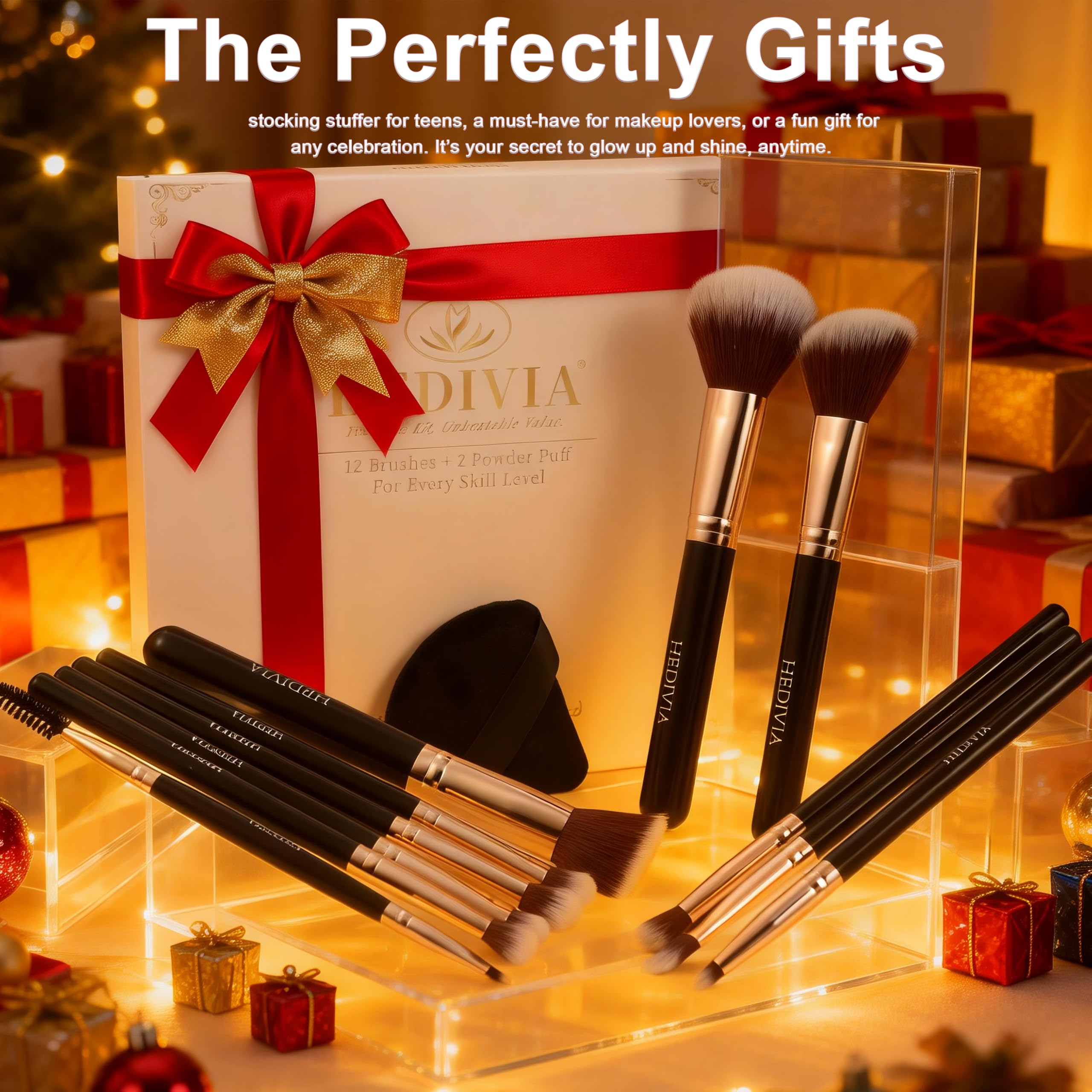 Black Makeup Brushes Set 14 Pcs Professional, Premium Synthetic Foundation Makeup Brush Concealer Powder Blush Eyeshadow Brushes with 2 Powder Puff & Dual-ended Mask Applicator.Gifts for Girls