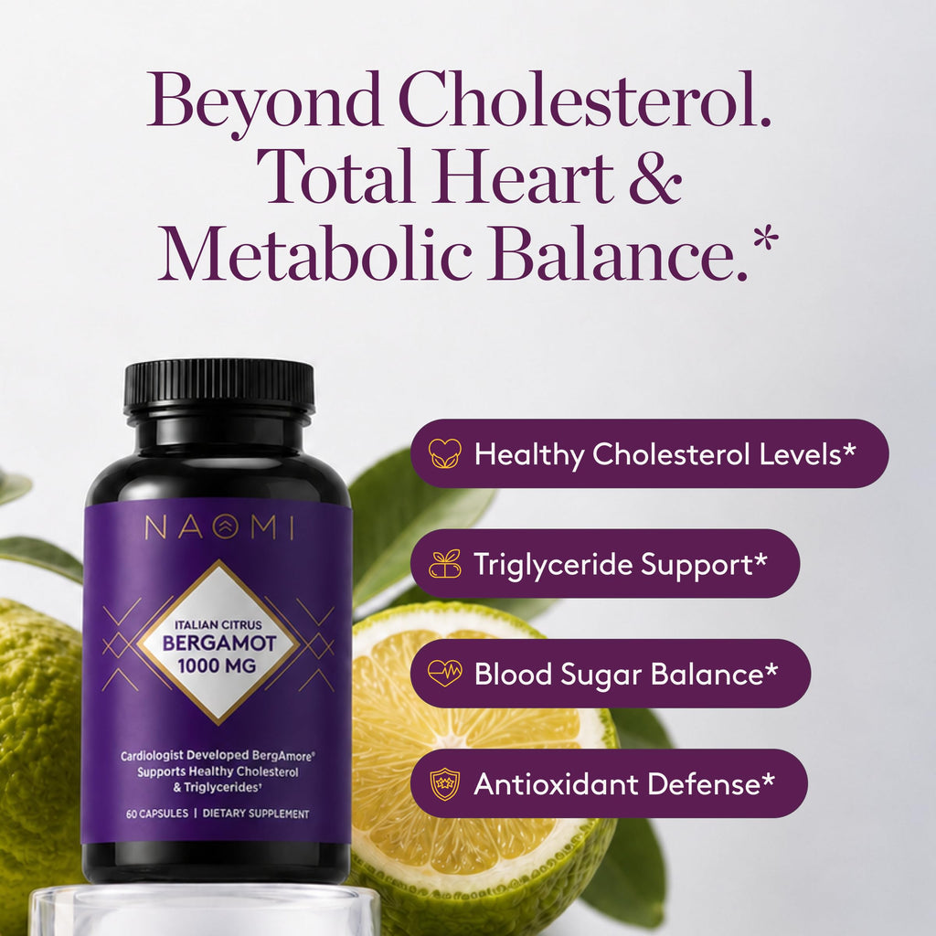 NAOMI Italian Citrus Bergamot 1000mg Extra Strength - Supports Healthy Cholesterol & Triglyceride Levels Already in Normal Range - Patented BergAmore® Extract, 7 Key Polyphenols, 30-Day Supply