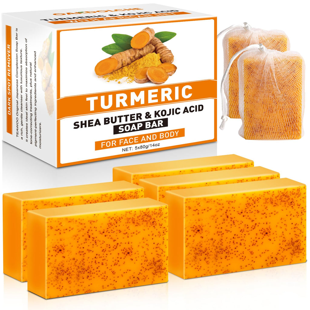 5 Pcs 80g Turmeric Kojic Acid Soap Bars with 2 Foaming Mesh Nets | Infused with Retinol, Collagen, Vitamin E & Shea Butter, SLS-Free, Gentle for Face, Body & Underarms, Fits Oily & Dry Skin