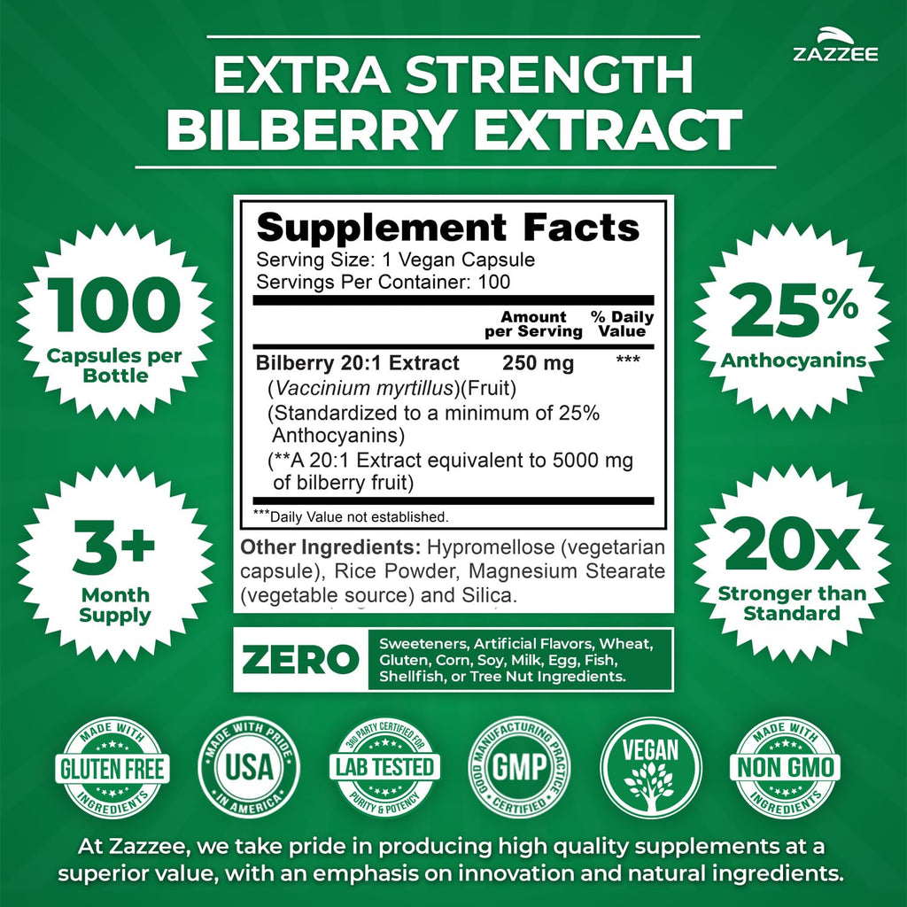 Zazzee Extra Strength Bilberry 20:1 Extract, 25% Anthocyanins, 100 Capsules