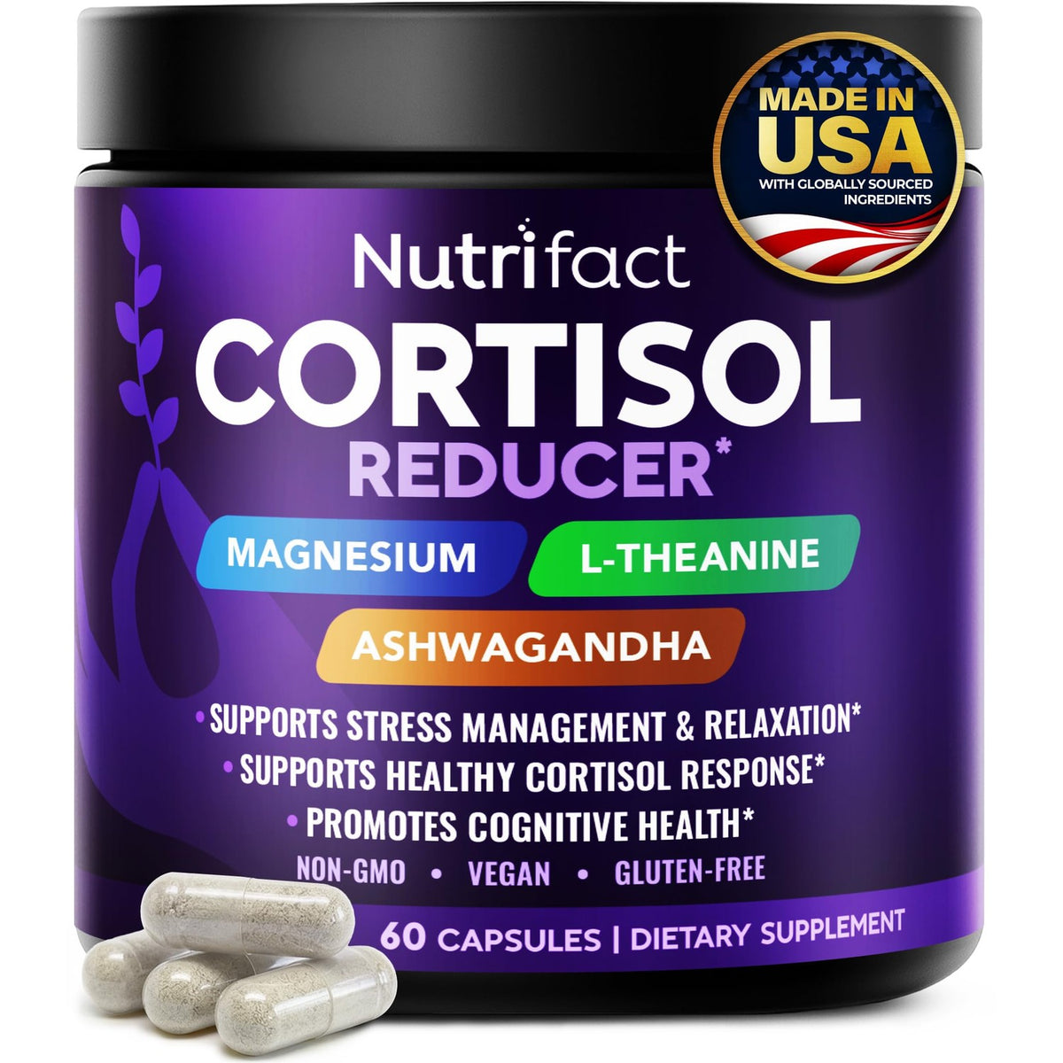 Cortisol Reducer for Men & Women with Ashwagandha & Magnesium, Vegan