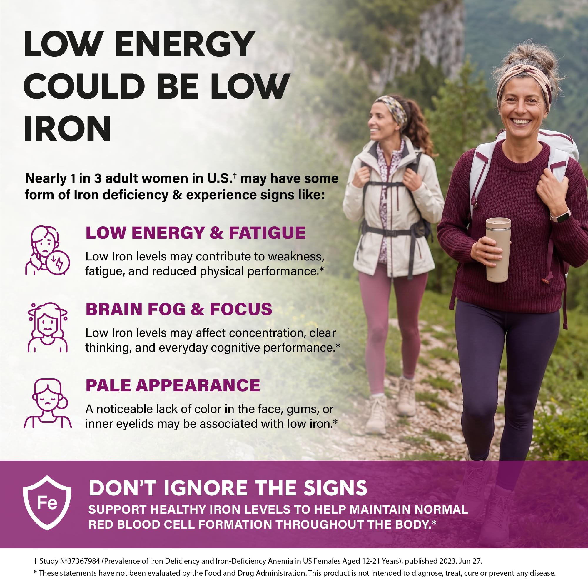 Iron Supplement for Women - Iron 65mg (Ferrous Sulfate 325mg) - 60 Caps | Iron Level & Energy Support - Vitamins C, D3, B6, B12 & Folate - Stomach Friendly, Slow Release, Bioavailable - 60-Day Supply