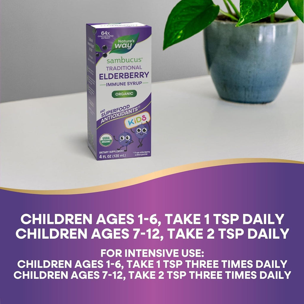 Buy now Nature's Way Sambucus Elderberry Traditional Immune Syrup for Ages 1+, Traditional Immune Support*, Antioxidant Support*, Black Elderberry Extract, USDA Certified Organic, 4 Fl Oz at indiglob india