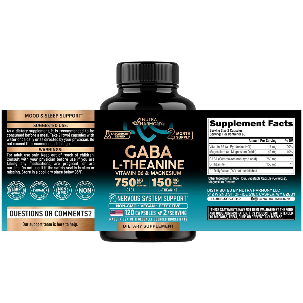 GABA L-Theanine Supplement 900 mg - Calm, Sleep & Relaxation - 120 Caps | GABA 750 mg, L-Theanine 150 mg with Magnesium & Vitamin B6 - Melatonin-Free & Non-Habit Forming - Vegan, Laboratory Tested