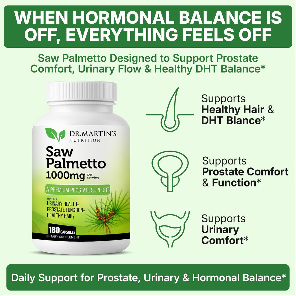 USA Grown Saw Palmetto | 180 Capsules Prostate Health Supplement | Hair Growth for Men & Women | Support to Help Maintain Normal Urination Frequency & Natural DHT Blocker to Help Prevent Hair Loss