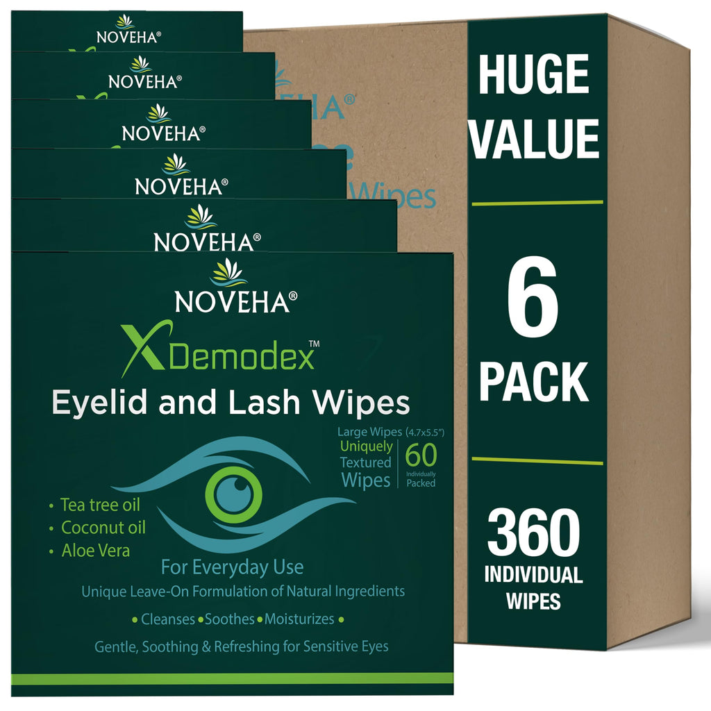 NOVEHA Demodex Eyelid & Lash Wipes | Box Of 60 Individually Wrapped Extra Strength Cleansing Eyelash Wipes - Battle Itchy & Irritated Eyes associated with Demodex Mites, Naturally Remove debris