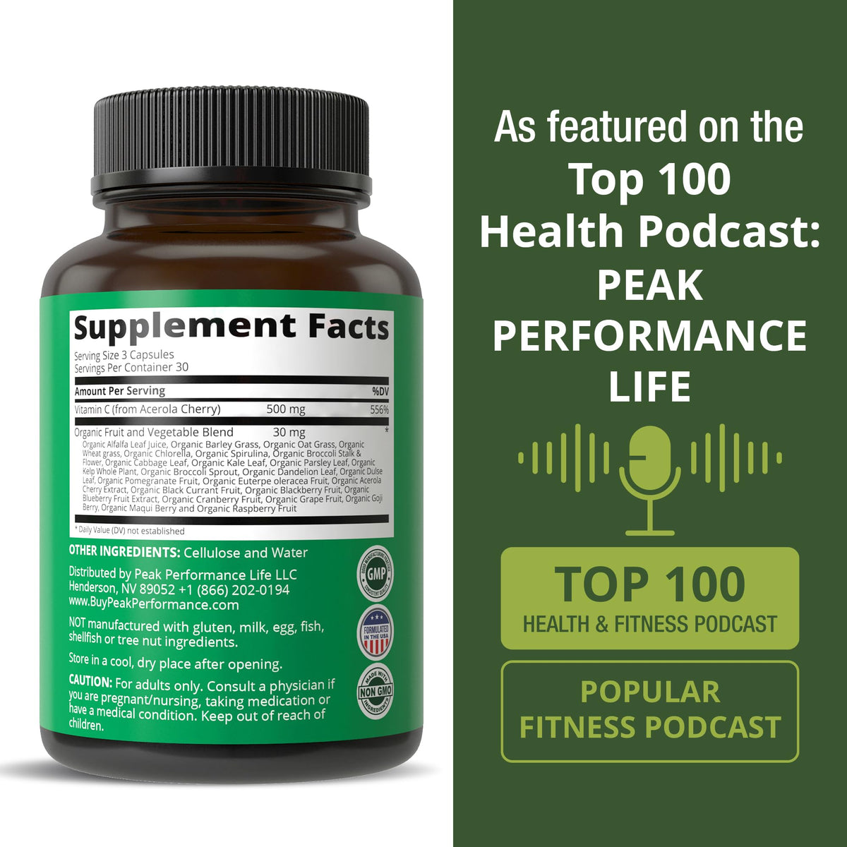 Peak Performance Raw Whole Food Vitamin C Capsules from Acerola Cherry