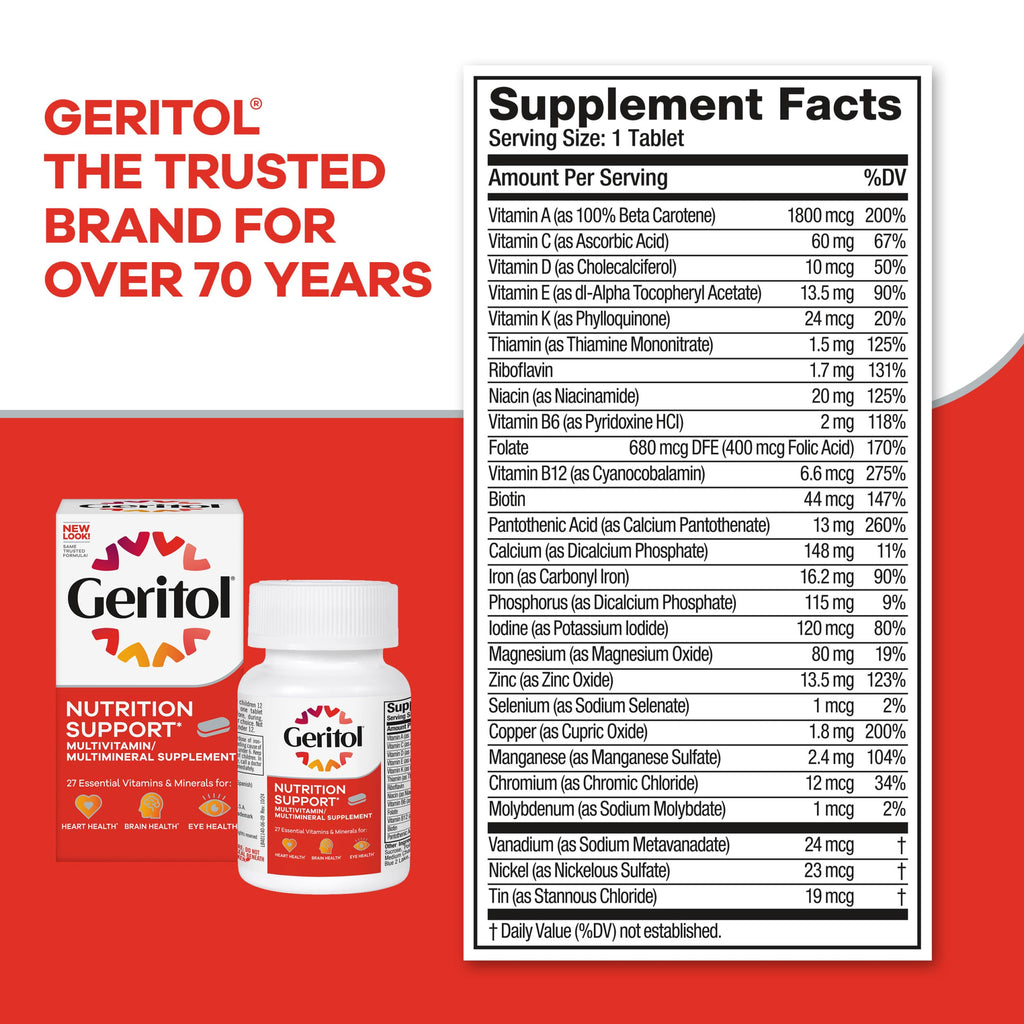 Geritol Multivitamin Supplement, 27 Essential Vitamins & Minerals, 100 Tabs | Daily support for adults, multivitamin tablets with 27 essential vitamins and minerals, gluten-free, non-GMO