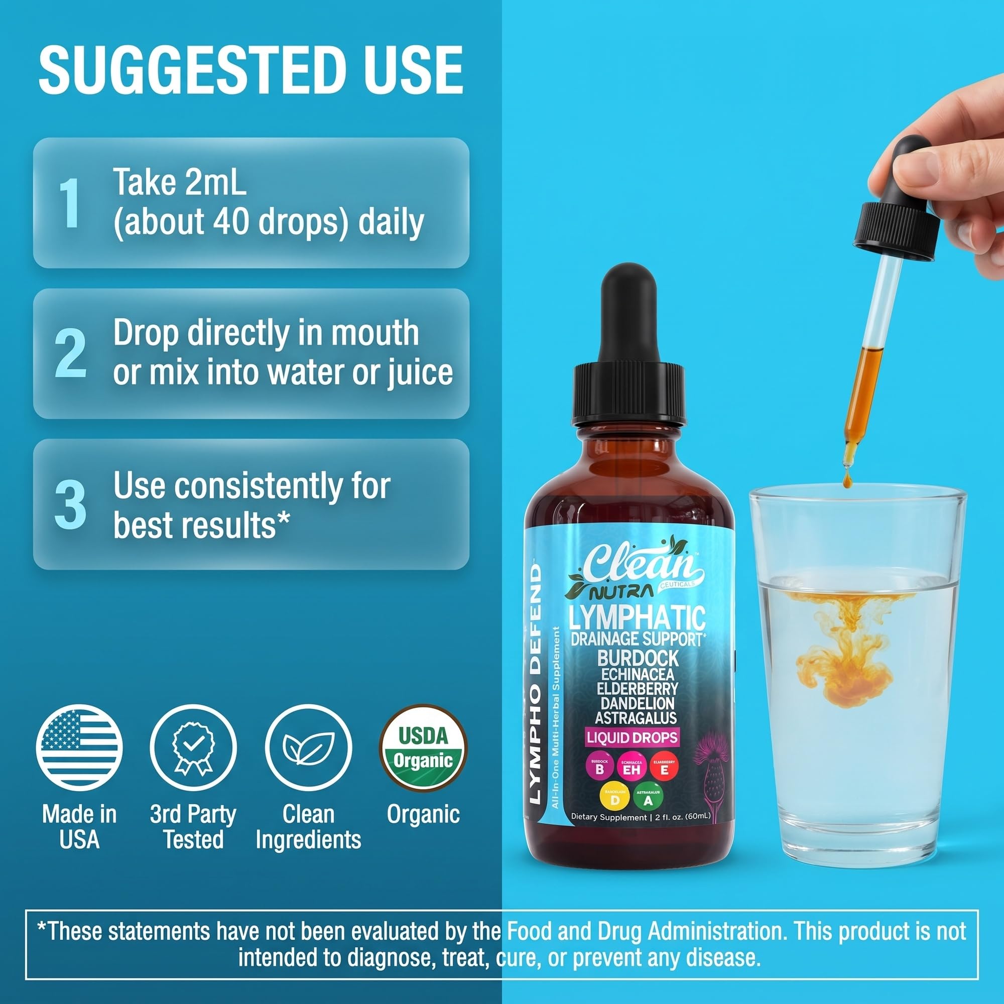 Lymphatic Drainage Drops - Organic Lymphatic Support Supplement with Burdock Root Echinacea Elderberry Dandelion Astragalus Milk Thistle Sea Moss Red Clover Marigold Drop by Clean Nutra