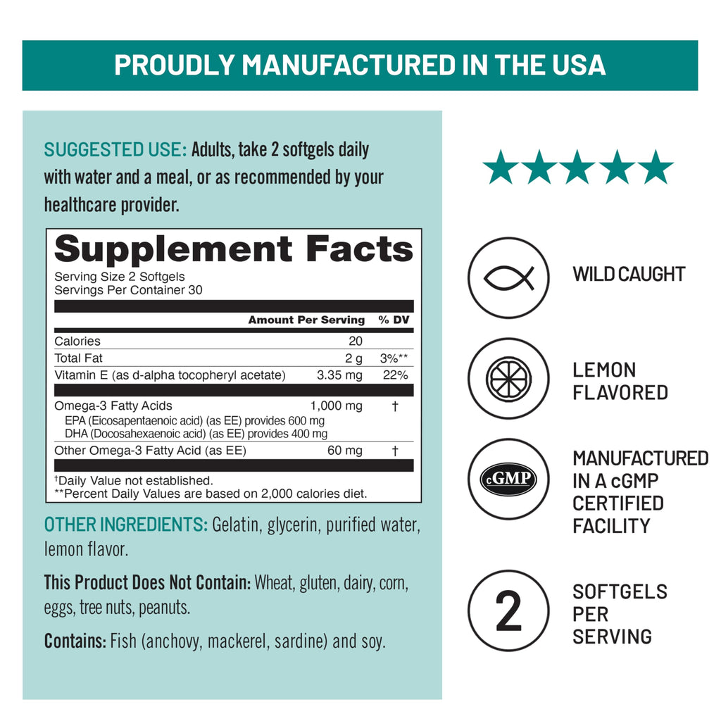 NatureWise Extra-Strength Omega 3 Fish Oil Supplement - 1000mg per Serving - 600 EPA & 400 DHA and Vitamin E - Sustainably Sourced Fish Oil - Lemon Flavor - 60 Softgels[1-Month Supply]