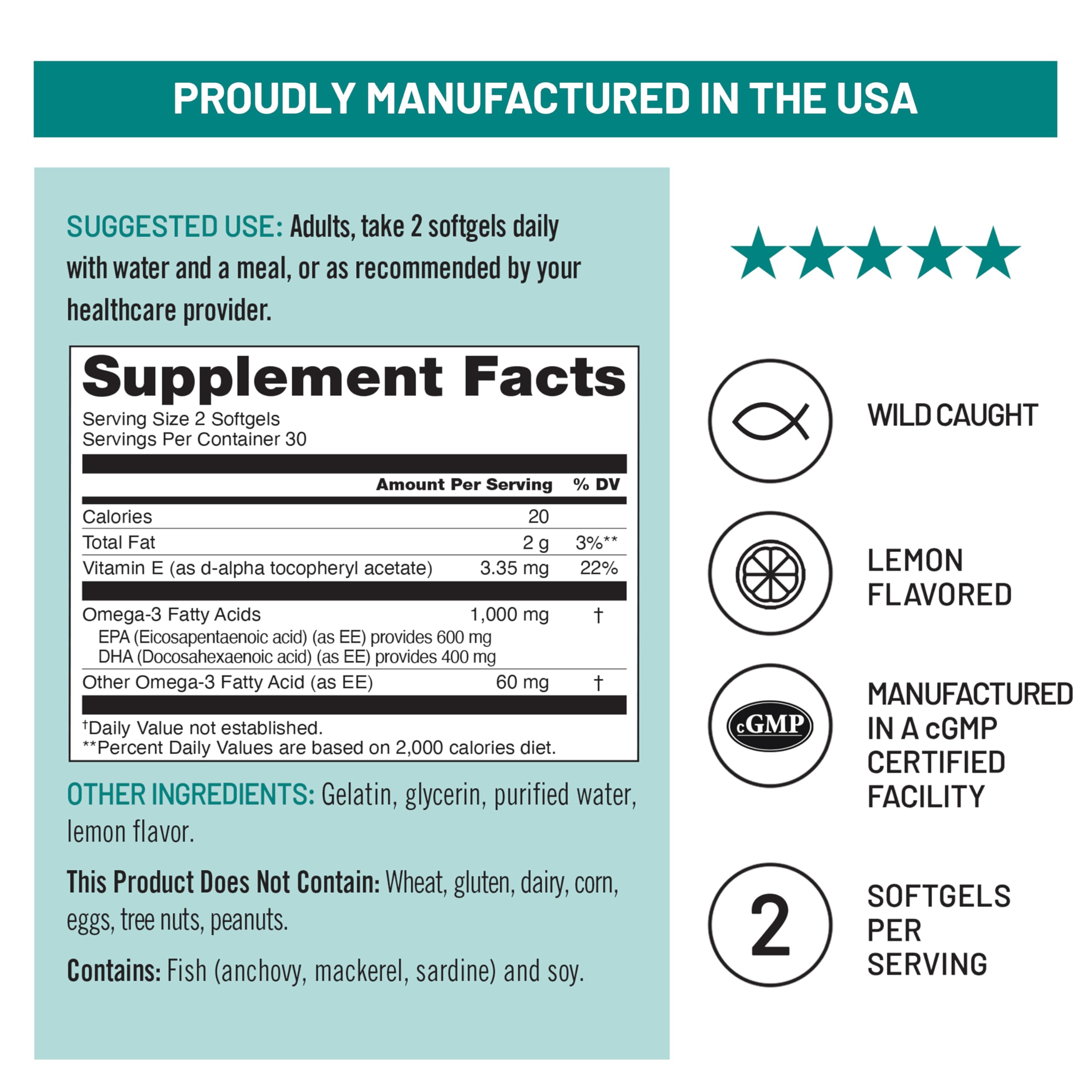 NatureWise Extra-Strength Omega 3 Fish Oil Supplement - 1000mg per Serving - 600 EPA & 400 DHA and Vitamin E - Sustainably Sourced Fish Oil - Lemon Flavor - 60 Softgels[1-Month Supply]