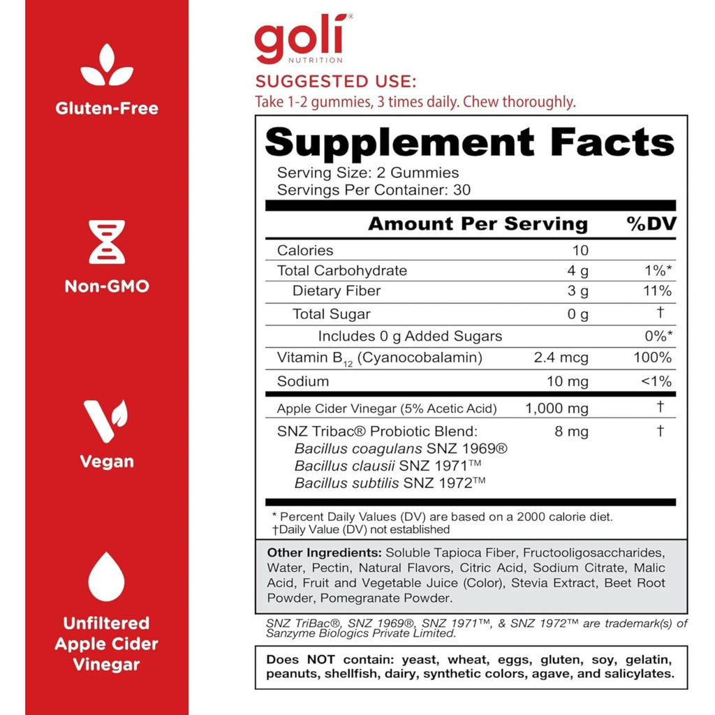 Goli Zero Sugar Apple Cider Vinegar Gummies, 60 Count Each (3 Pack, 180 Total) – ACV with Vitamin B12 & Probiotics, No Sugar Alcohols, Vegan, Keto & Gluten Free