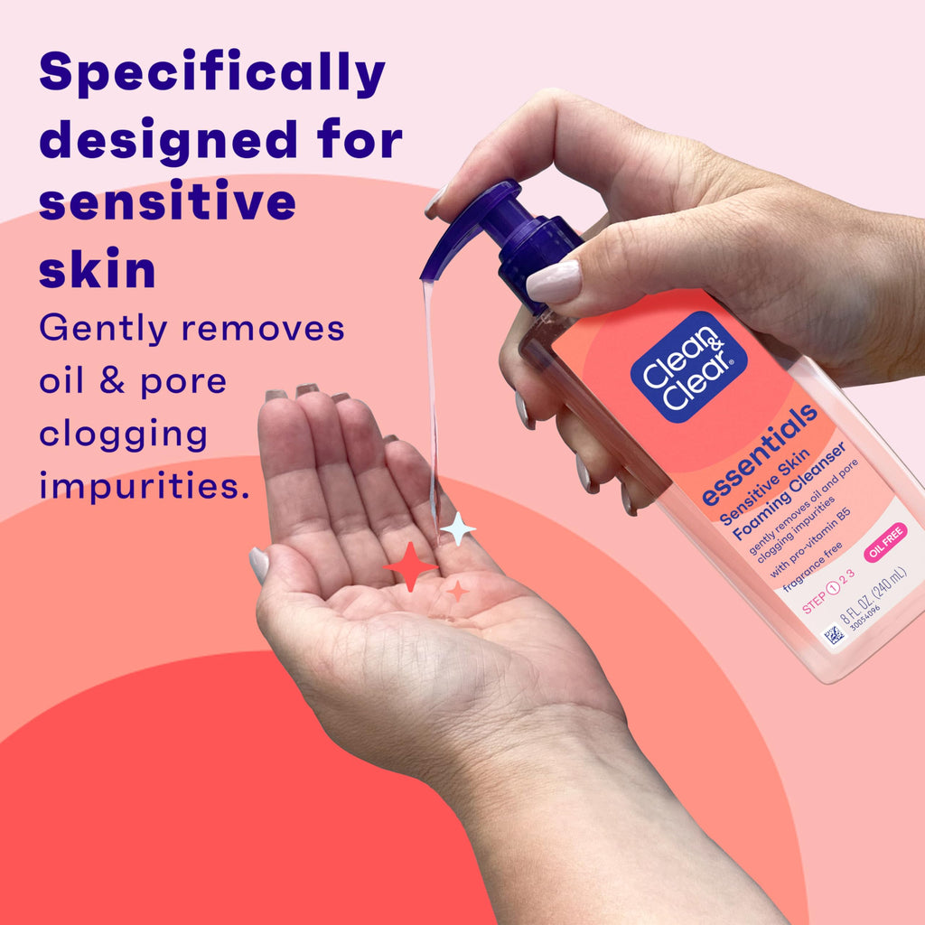 Clean & Clear Essentials Oil-Free Foaming Facial Cleanser, Daily Foaming Face Wash with Pro-Vitamin B5 for Sensitive Skin, Gently Removes Oil & Pore-Clogging Impurities, Fragrance-Free, 8 fl oz