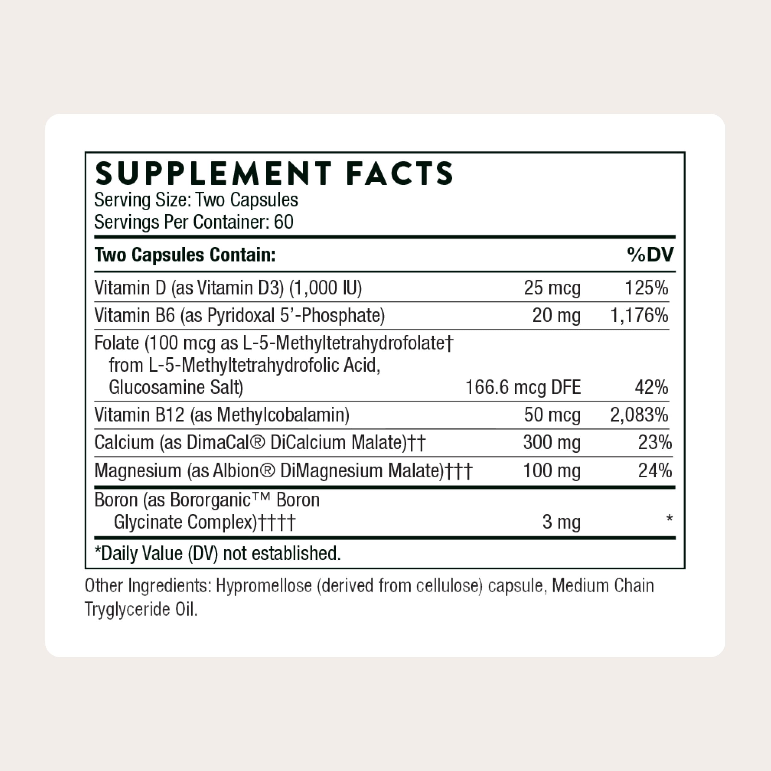 THORNE Advanced Bone Support, Calcium, Magnesium & Vitamin D3, 120 Capsules | Supports Bone Strength, Bone Density & Calcium Absorption, Active B Vitamins for Healthy Methylation*, Boron, Gluten-Free