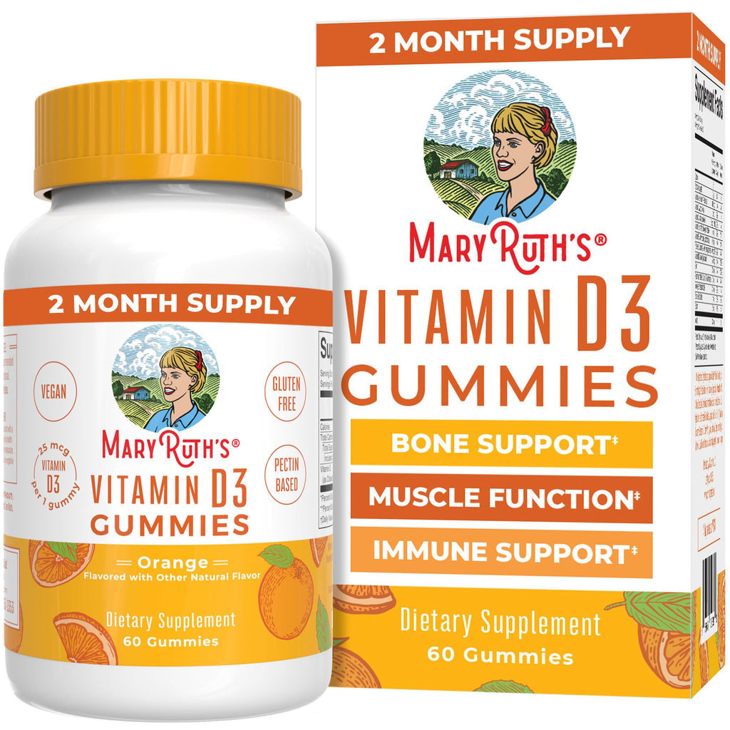 MARYRUTH'S Vitamin D3 Gummies, Adults & Kids Vitamin D, 60 Servings, Vegan | 2 Month Supply, Immune Support Supplement, 1000IU for Bone Health & Muscle Function, Vegan, Non-GMO, Gluten Free, 60 Count