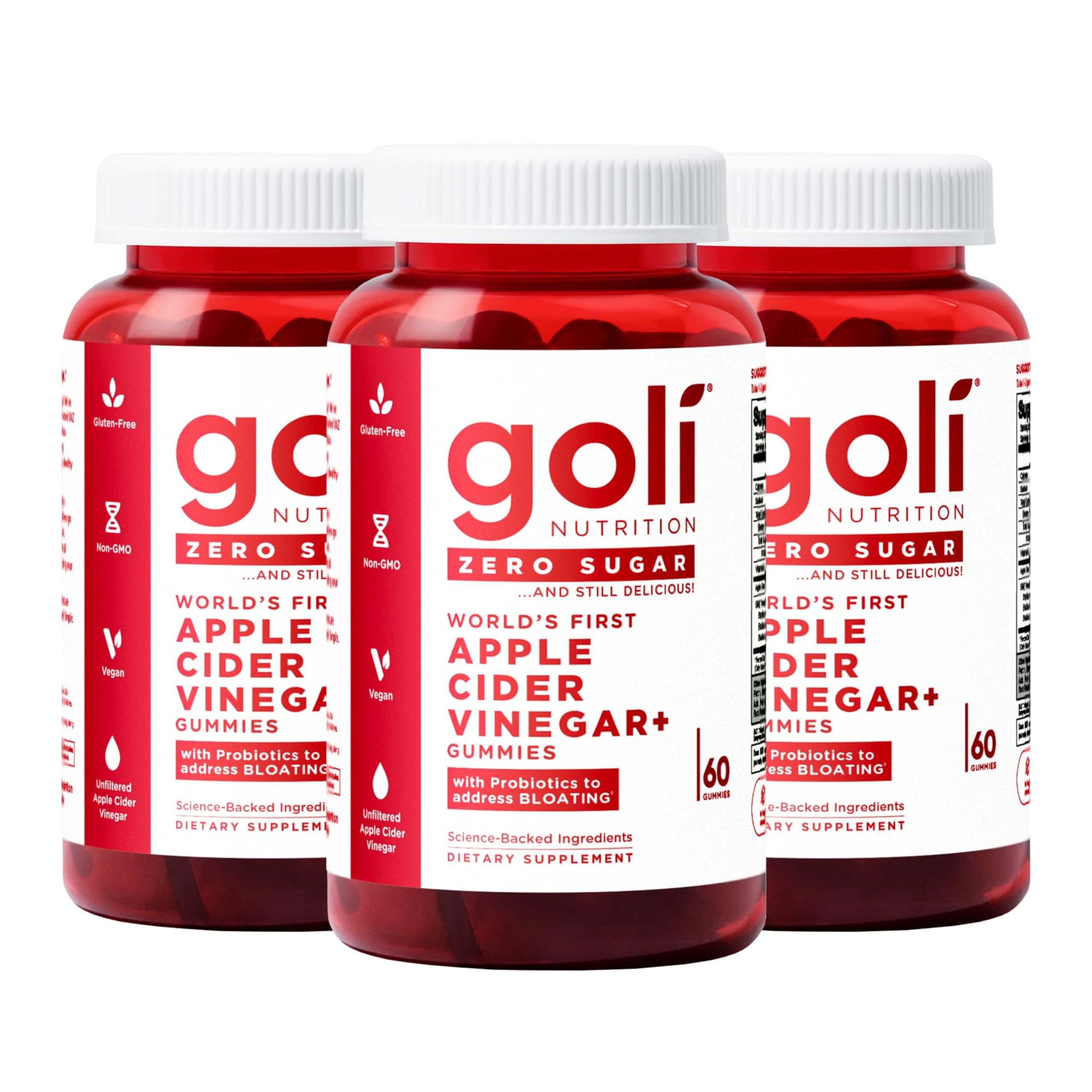 Goli Zero Sugar Apple Cider Vinegar Gummies, 60 Count Each (3 Pack, 180 Total) – ACV with Vitamin B12 & Probiotics, No Sugar Alcohols, Vegan, Keto & Gluten Free