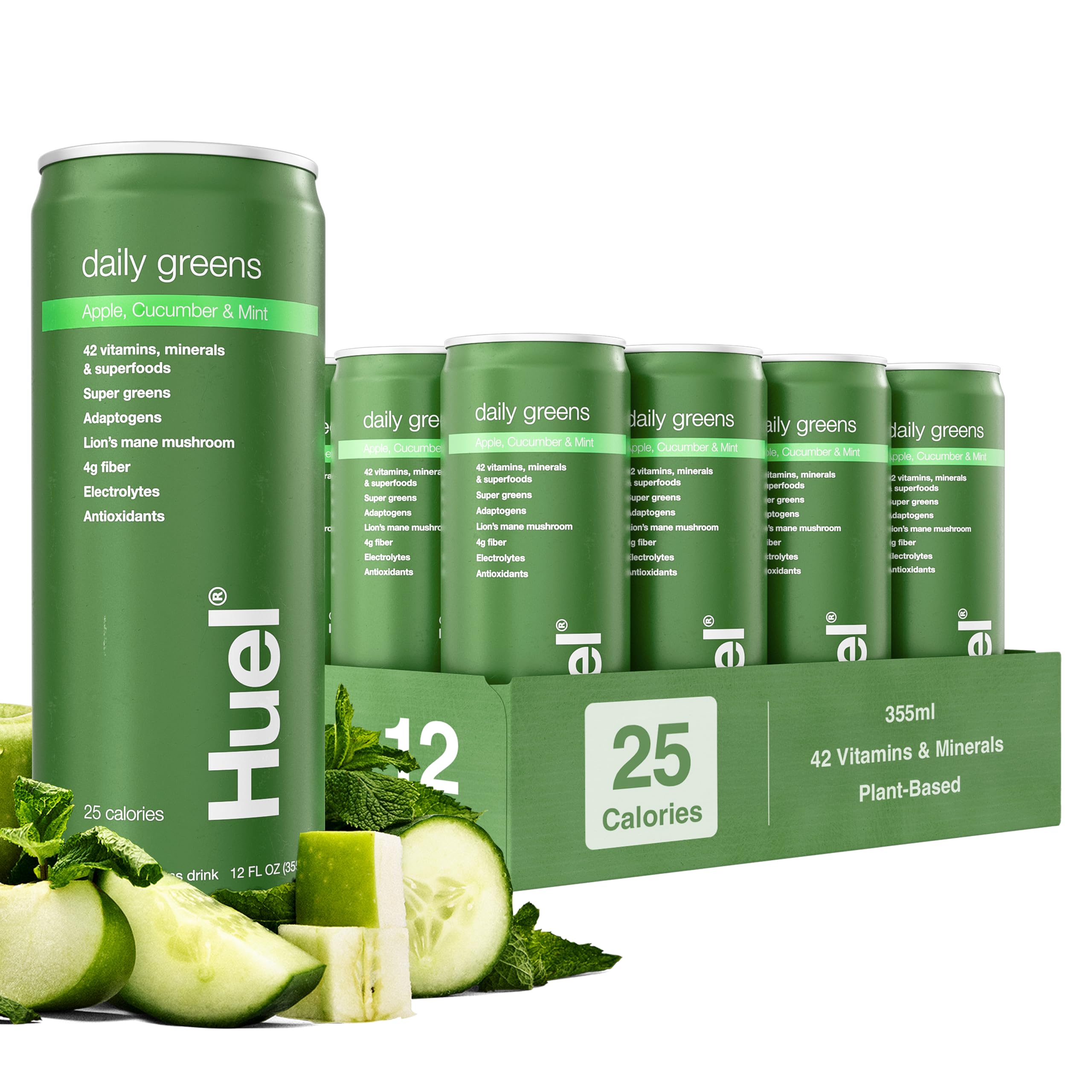 Huel Daily Greens Ready-to-Drink | Superfood Super Greens | 4g Fiber | Blueberry Lemon Thyme | 12 fl oz - 12 Pack | 42 Vitamins, Minerals, and Superfoods | Adaptogens, Antioxidants, & Probiotics