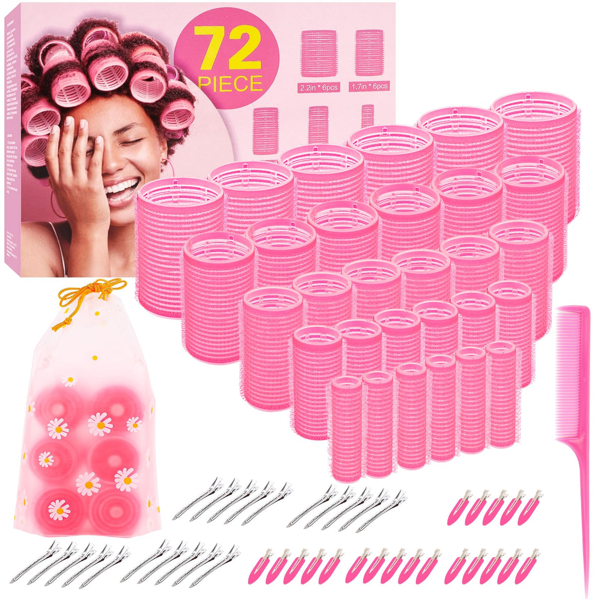 5 Size Hair Rollers for Blowout Look Long Hair, Women, 72Pcs Roller Set