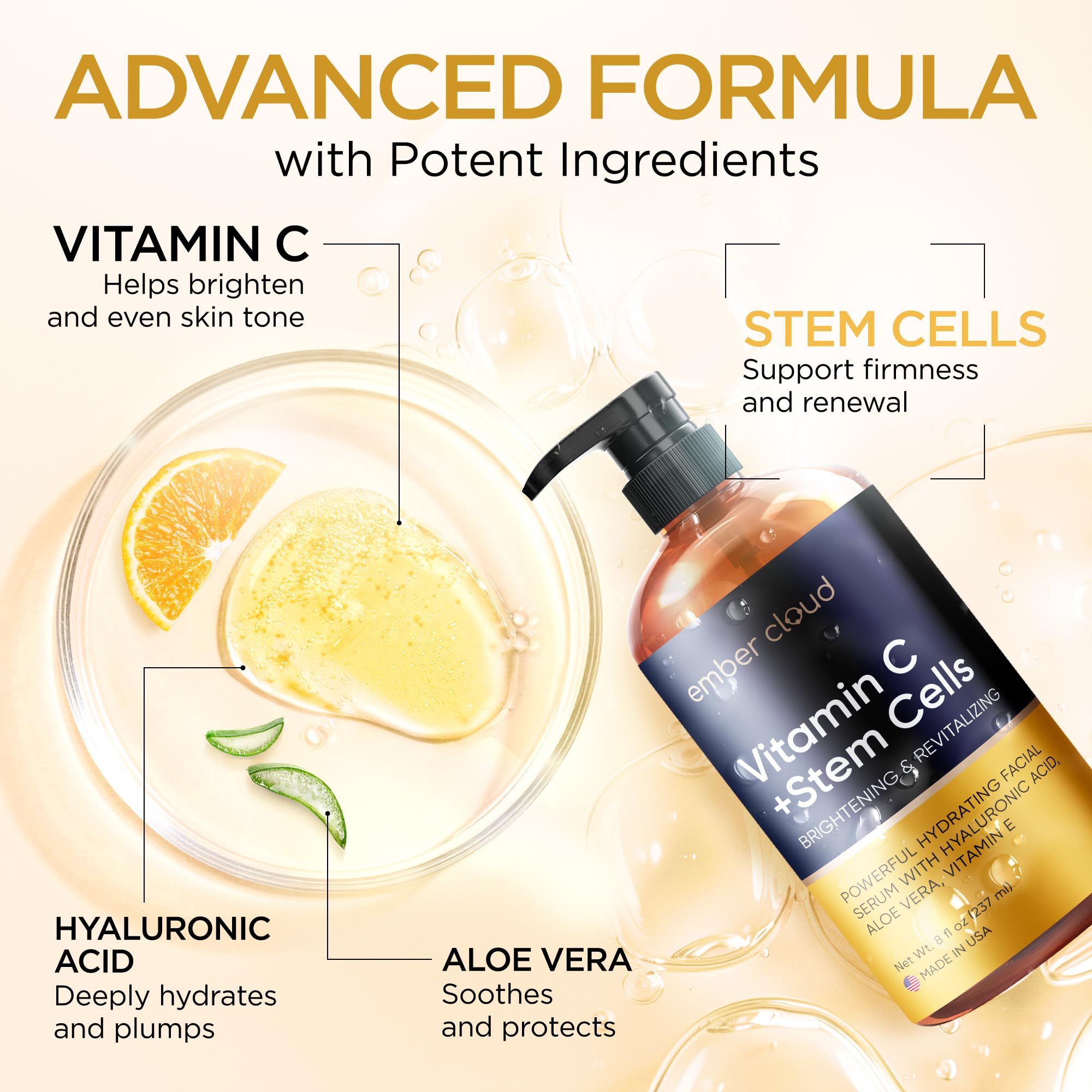 Vitamin C Serum for Face with Stem Cells & Hyaluronic Acid 8 Oz | Anti-Aging, Brightening, Hydrating Face Serum for All Skin Types, Cruelty Free, Made in USA, with Aloe Vera & Vitamin E