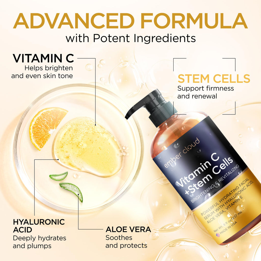 Vitamin C Serum for Face with Stem Cells & Hyaluronic Acid 8 Oz | Anti-Aging, Brightening, Hydrating Face Serum for All Skin Types, Cruelty Free, Made in USA, with Aloe Vera & Vitamin E