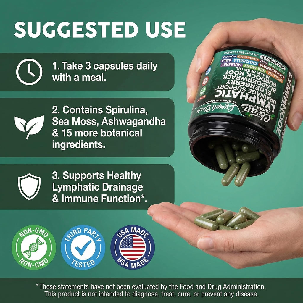 Organic Lymphatic Drainage Supplements | Elderberry Bladderwrack Burdock Root Black Seed Oil Spirulina Sea Moss Ashwagandha Chlorella Amla Beet Moringa Chlorophyll Lymph System Capsules By Clean Nutra