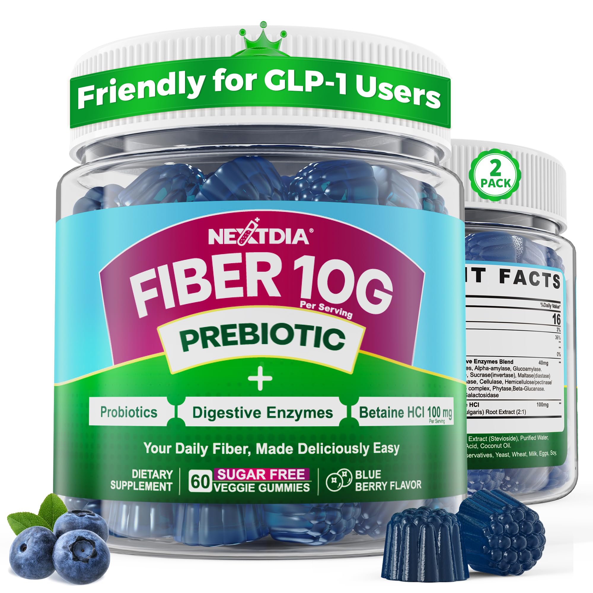 Fiber Gummies for Adults, GLP-1 Friendly 10g Prebiotic Fiber Gummies, 60Cts | Fiber Supplement + Enzymes, Probiotics & Betaine for Digestive & Gut Health and Regulate Bowel Movement, Vegan, Sugar Free