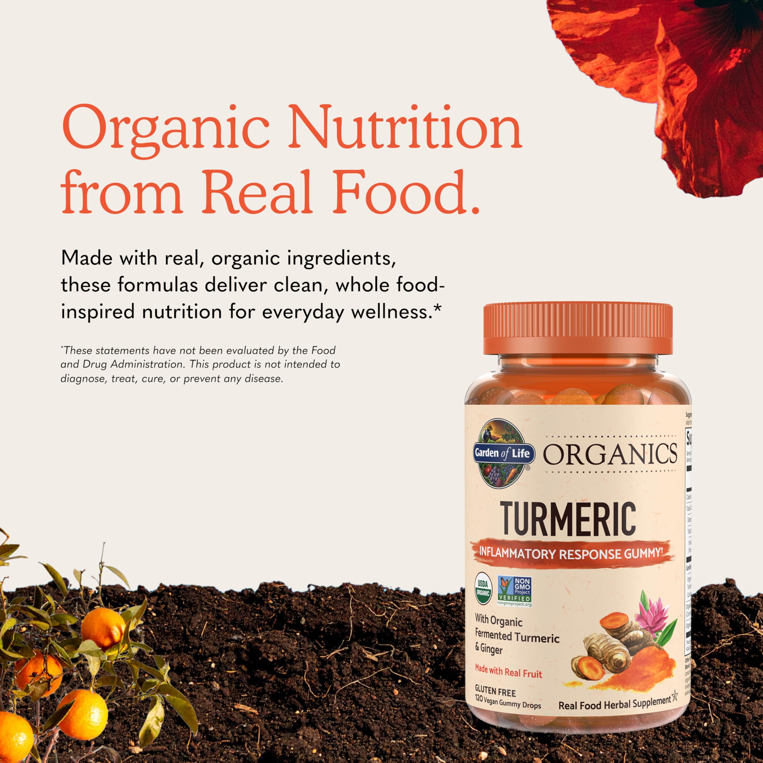 Garden of Life Organics Turmeric Inflammatory Response Gummy - 120 Real Fruit Gummies for Kids & Adults, 50Mg Curcumin (95% Curcuminoids), No Added Sugar, Organic, Non-GMO, Vegan & Gluten Free