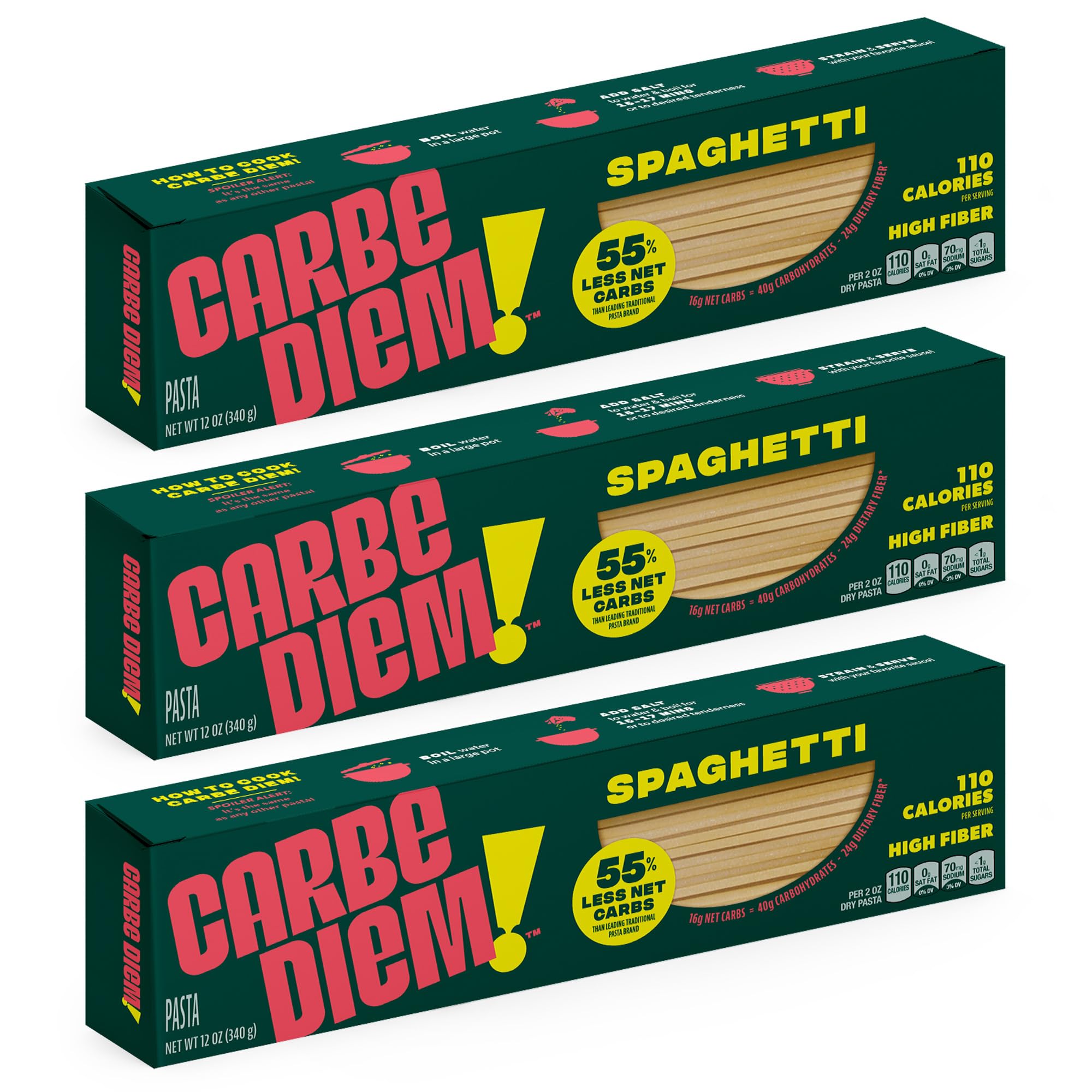Buy now Carbe Diem!, Spaghetti, Lower Net Carb Pasta with Traditional Flavor & Texture, 8 grams of Protein, 55% Fewer Net Carbs & Only 110 Calories Per Serving, Pack of 3 Spaghetti at indiglob india