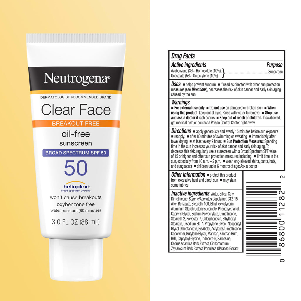 Neutrogena Clear Face Sunscreen Lotion SPF 50, 3 fl. oz | For Acne-Prone Skin, Broad Spectrum UVA/UVB Protection, Fragrance-Free, Oxybenzone-Free, Water-Resistant