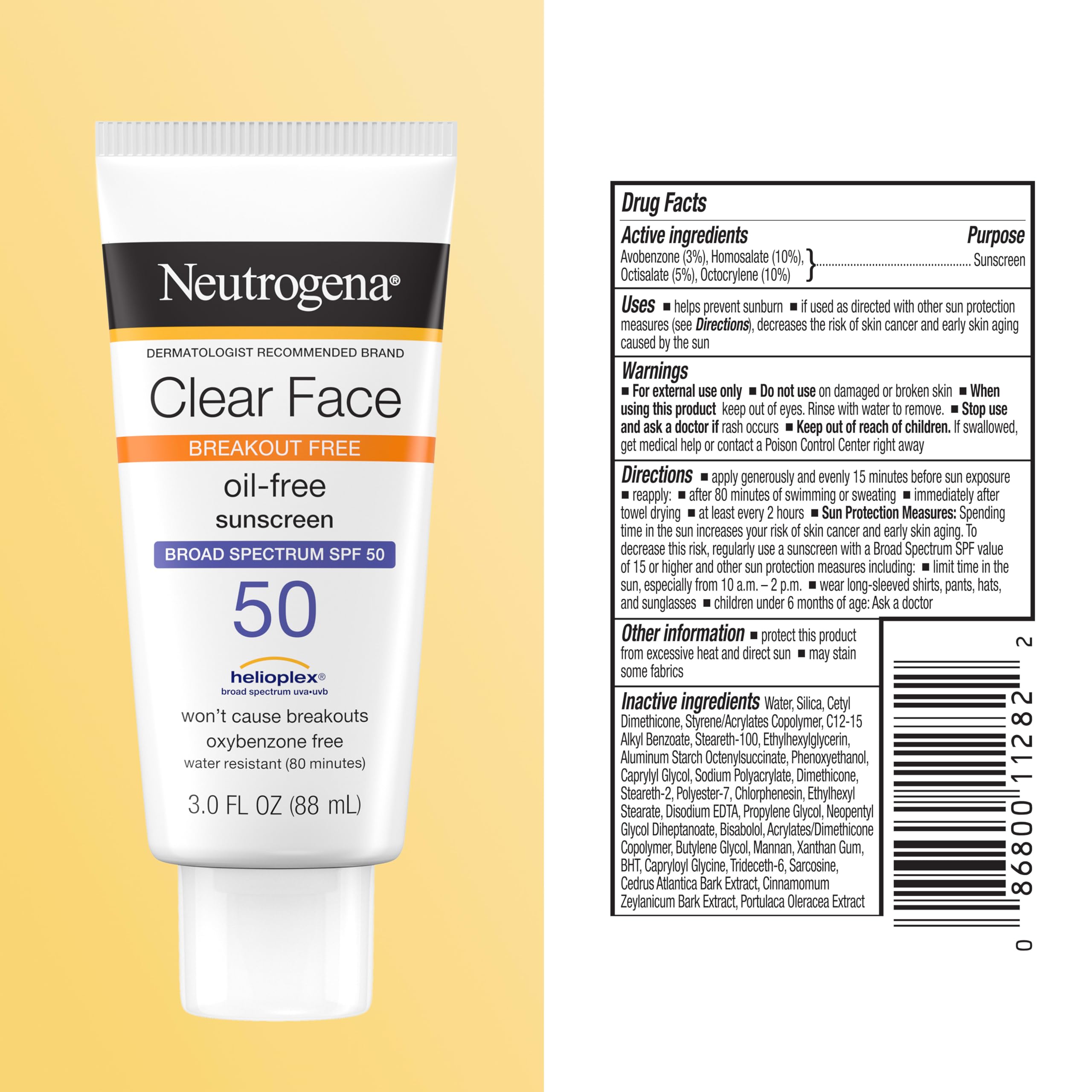 Neutrogena Clear Face Sunscreen Lotion SPF 50, 3 fl. oz | For Acne-Prone Skin, Broad Spectrum UVA/UVB Protection, Fragrance-Free, Oxybenzone-Free, Water-Resistant