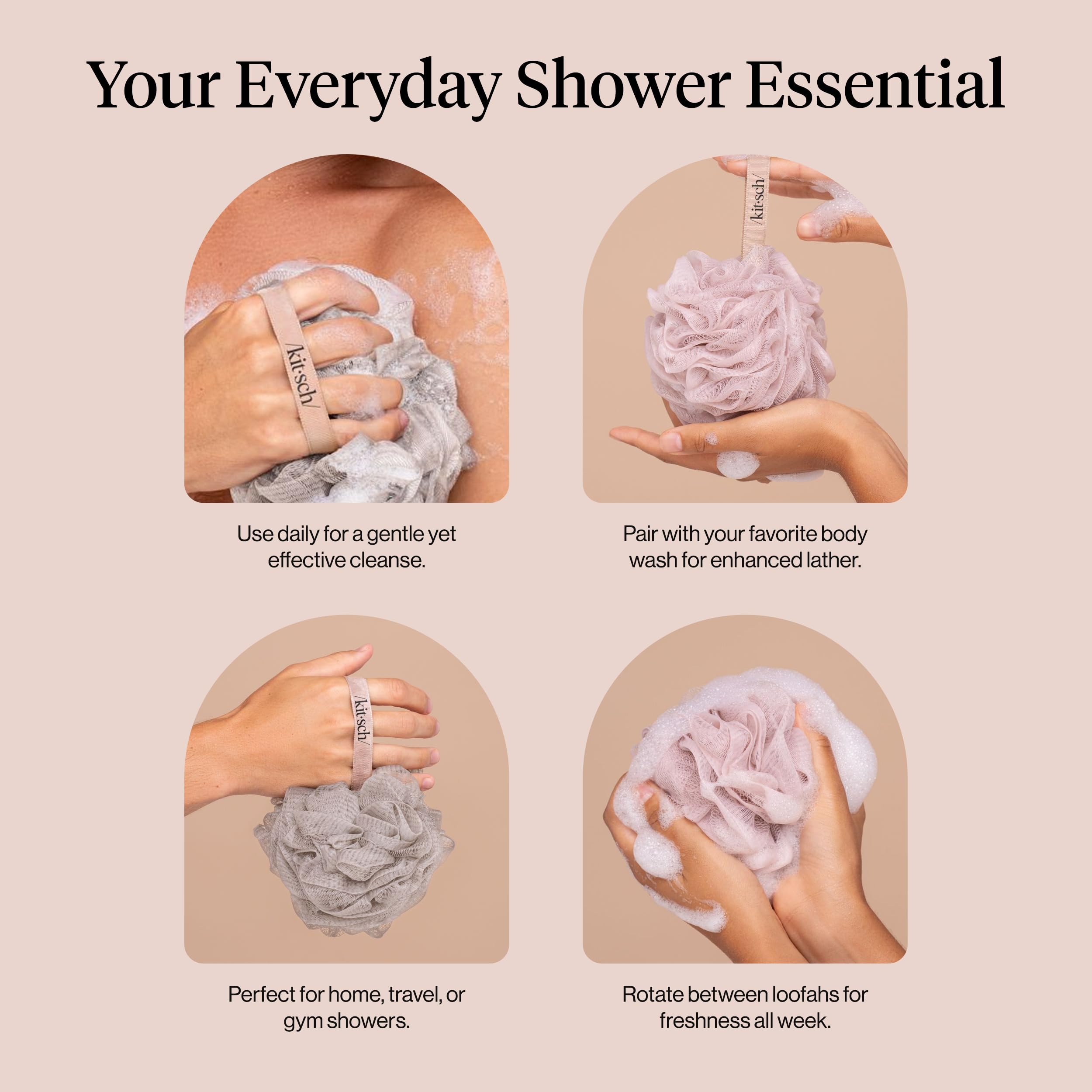 Kitsch Shower Loofah – Soft Mesh Body Scrubber & Bath Sponge - 3pc Set | for Daily Gentle Cleansing – Durable Loofah for Men and Women with Hanging Loop – Eco-Friendly, 100% PCR Material