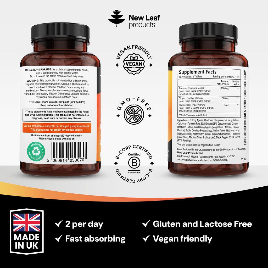 Turmeric Tablets with Black Pepper & Ginger - Curcumin - 180 Turmeric and Black Pepper Tablets (3 Month) High Strength Active Turmeric Supplements Not Capsules, by New Leaf