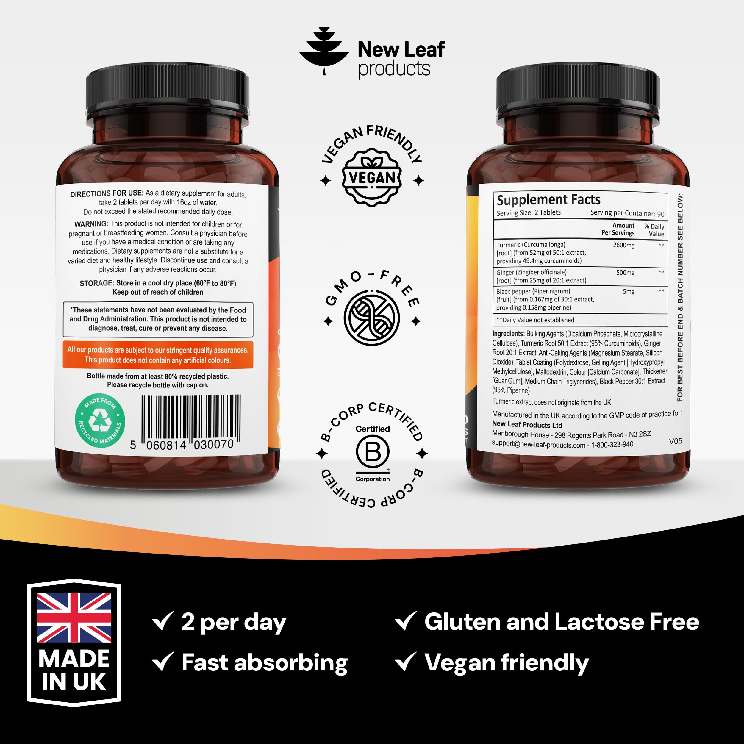 Turmeric Tablets with Black Pepper & Ginger - Curcumin - 180 Turmeric and Black Pepper Tablets (3 Month) High Strength Active Turmeric Supplements Not Capsules, by New Leaf