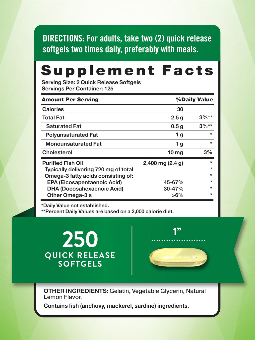 Nature's Truth Burpless Fish Oil 2400mg | 250 Softgels | 720 mg Omega 3