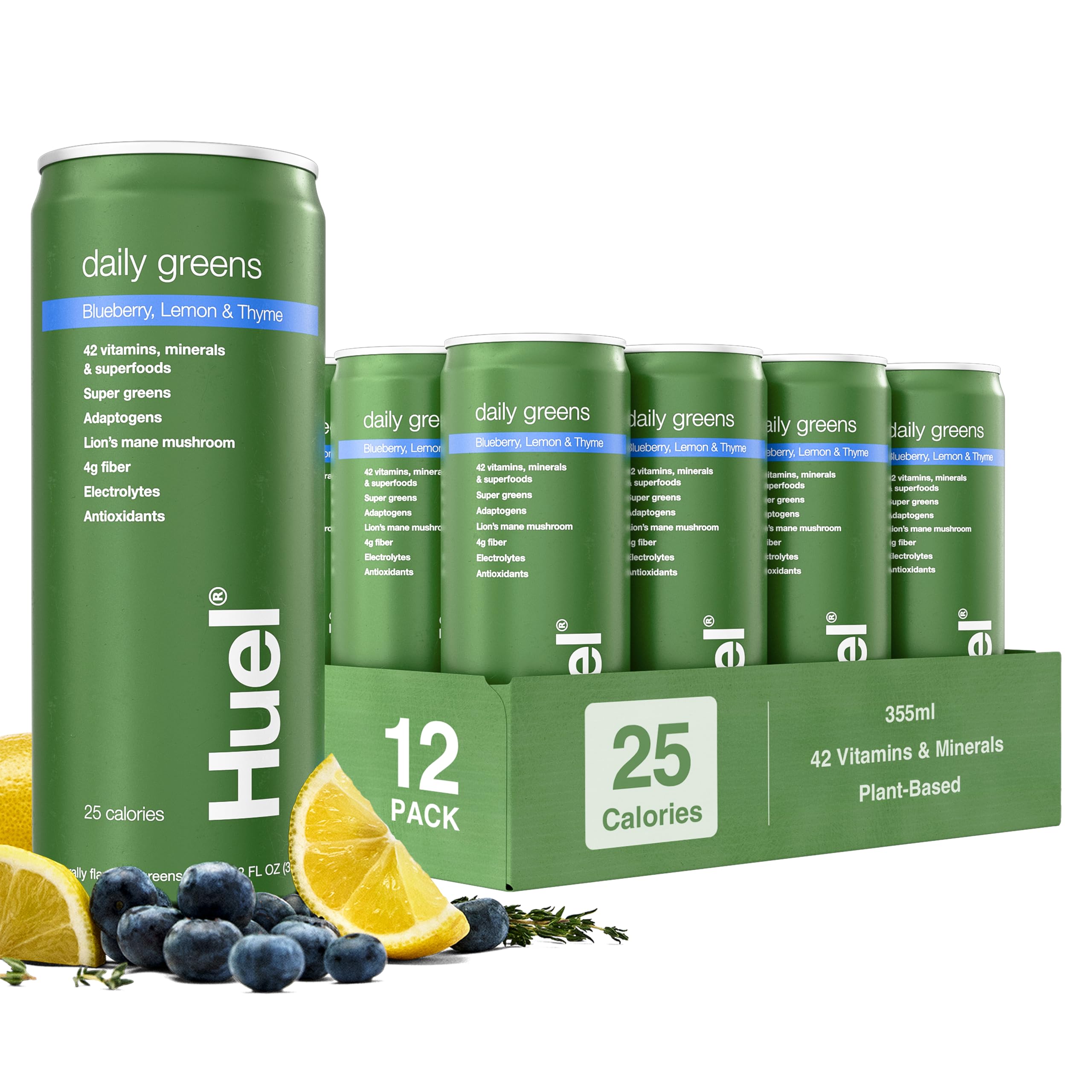 Huel Daily Greens Ready-to-Drink | Superfood Super Greens | 4g Fiber | Blueberry Lemon Thyme | 12 fl oz - 12 Pack | 42 Vitamins, Minerals, and Superfoods | Adaptogens, Antioxidants, & Probiotics