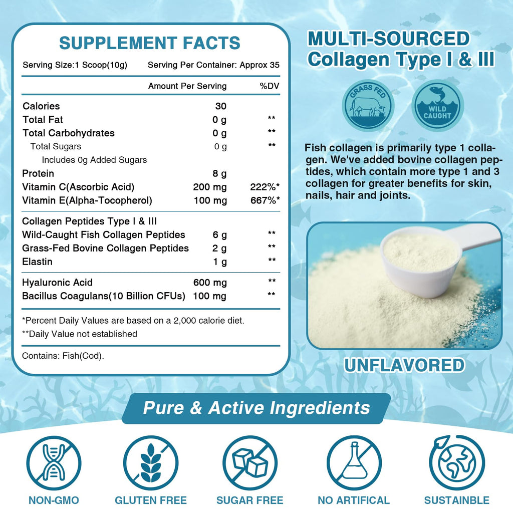 NATURE TARGET Marine Collagen Peptides Powder - Type I & III Collagen with Probiotics, Vitamin C & Hyaluronic Acid for Skin, Hair, Nails, Wild-Caught Fish & Grass-Fed Bovine, 35 Servings (Pack of 2)